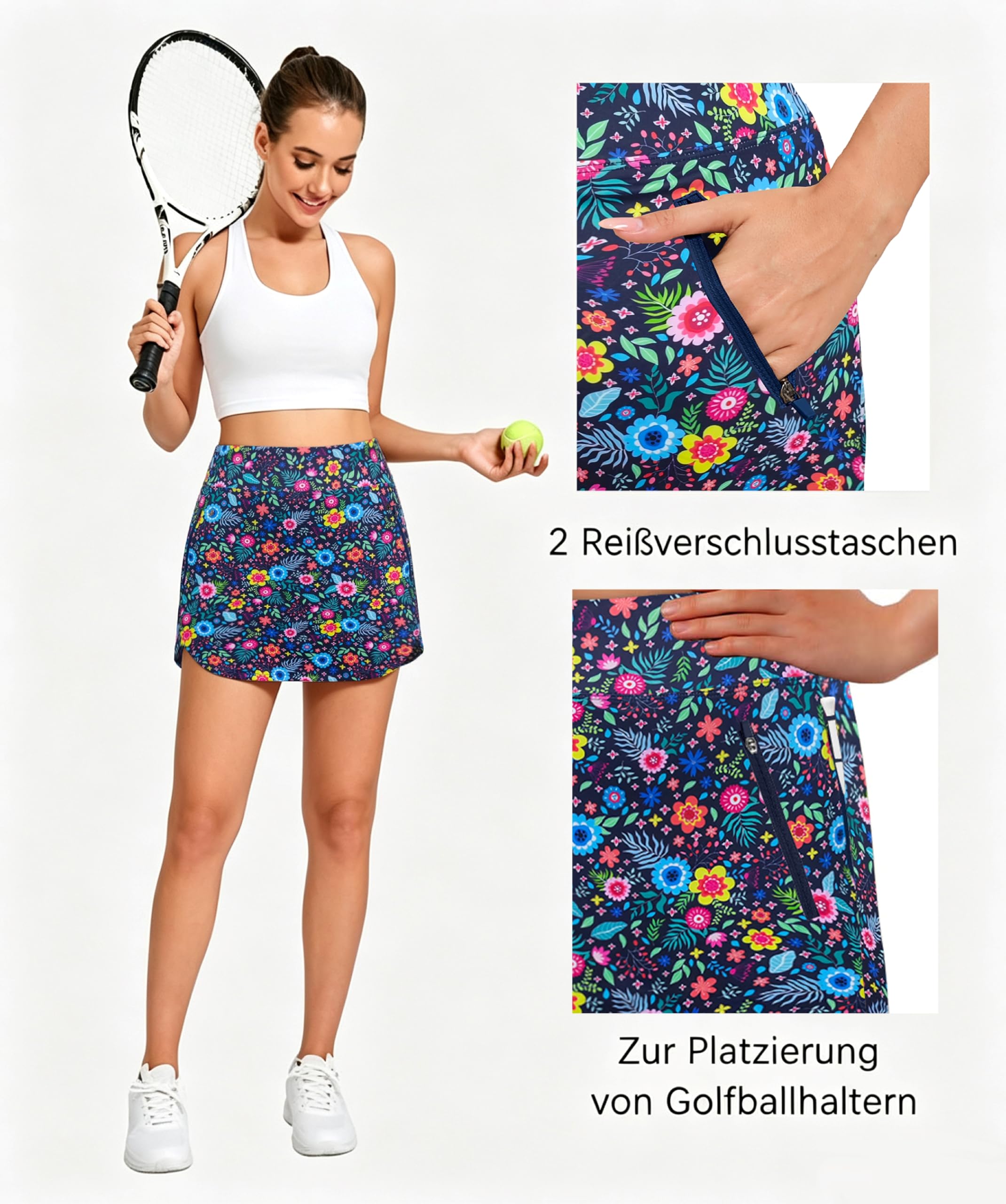 Timuspo Jupe de golf pour femme avec poches zippées - Courte - Taille haute - Jupe de tennis respirante - Jupe de sport - Ourlet arrondi