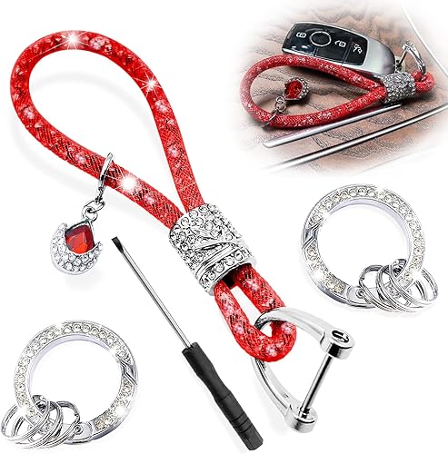 Miniatura 8 de Llavero de cristal para mujer, llavero de moda con diamantes de imitación, decoración de llaves para mujer, universal para llave de coche (rosa)