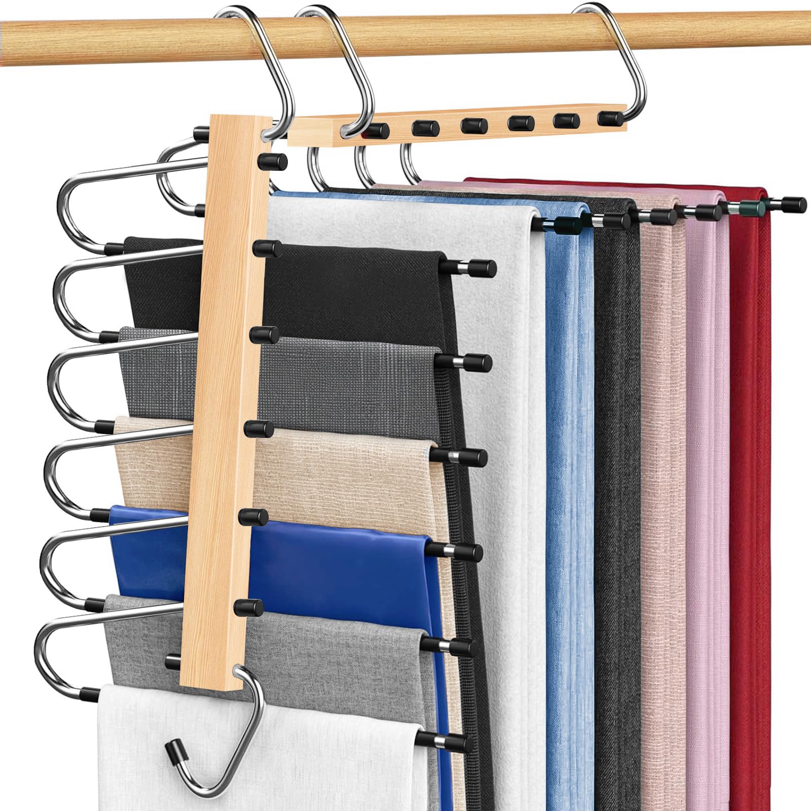 Trouser Hangers Space Saving, 6 In 1 Non-Slip Multifunctional Pants Rack, 2 Pack Wooden Pole Foldable Magical Clothes Hanger, Scarf Hangers Closet Organiser Jean