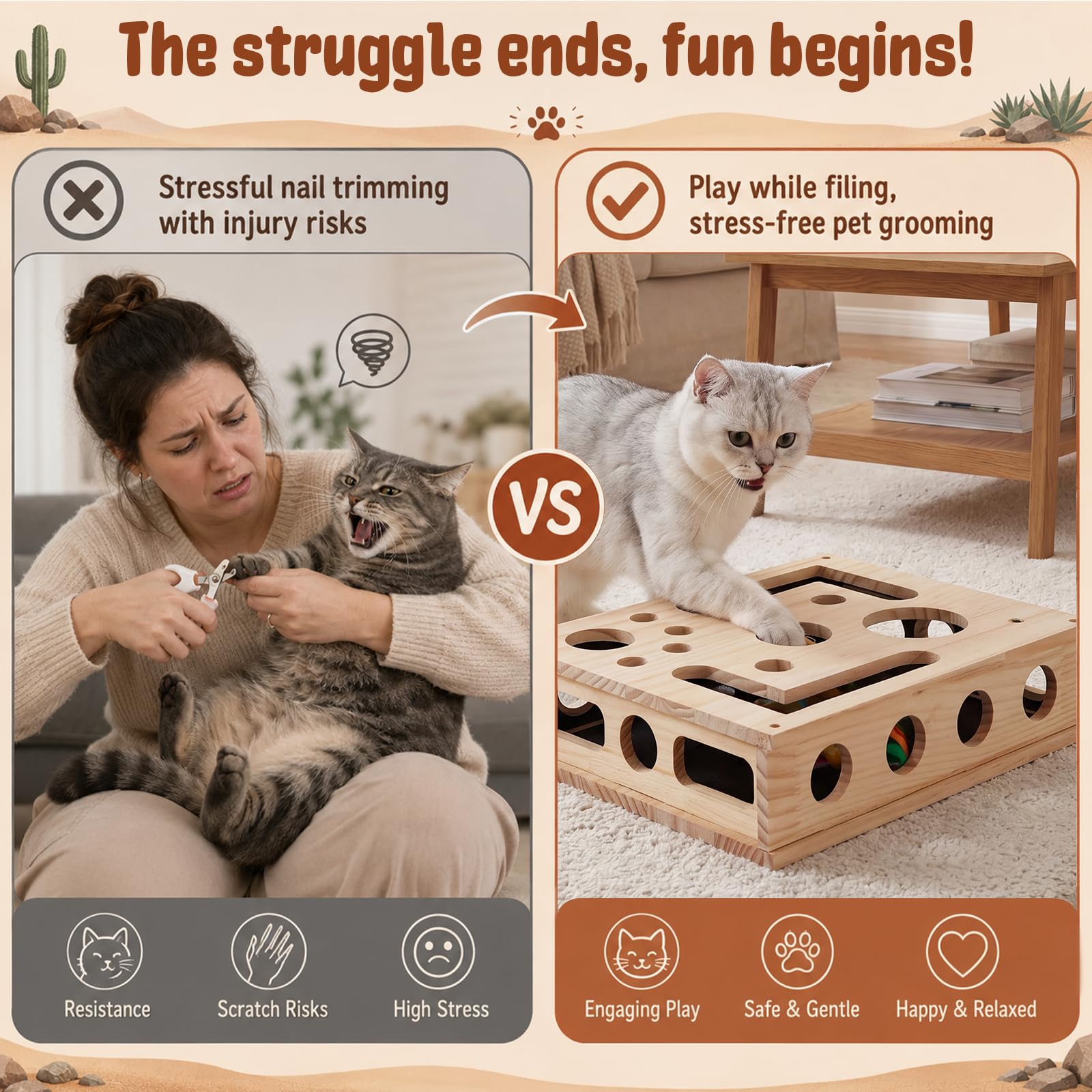 Katzen Kratzpuzzle 2-in-1 Nagelfeilen Box mit Sandpapier, Interaktives Katzenspielzeug Holz für Stressfreie Krallenpflege & Möbelschutz, Kratzbrett Ersatz für Wohnungskatzen, Natur