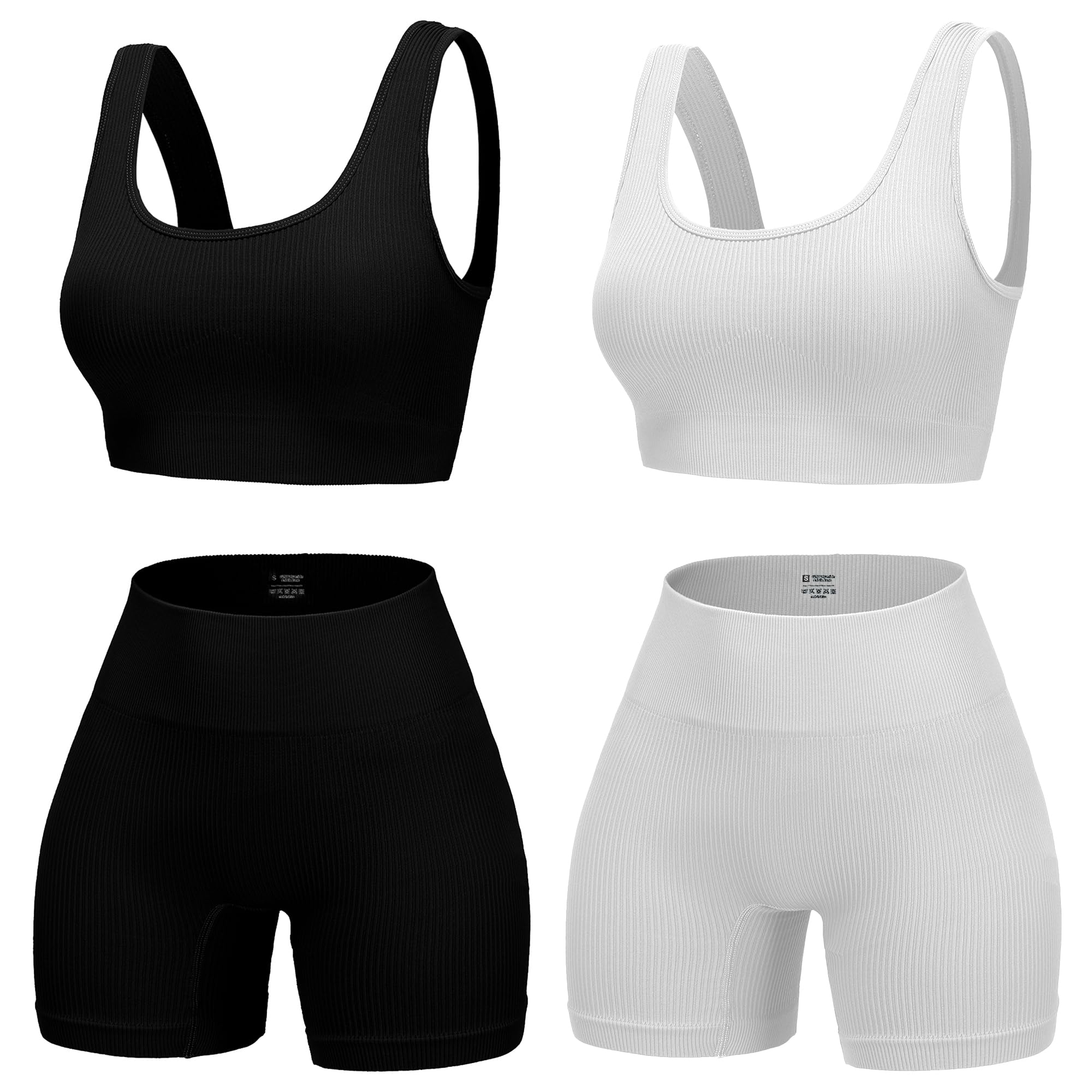 YWBIN 4 Piece Workout Sets for Women Seamless Ribbed High Waist Yoga shorts with Sports Bra Outfits