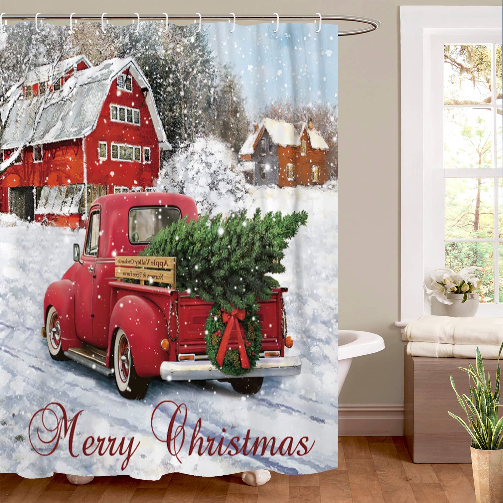Christmas Shower Curtain 72x72 - Red Truck & Snowflake Design, Waterproof Polyester - Festive Bathroom Decor With Hooks - View #8