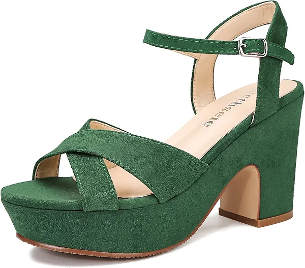 Platform Heels for Women Green Platform Sandals Chunky Heels for Eomen Open Toe Pumps Ankle Strap Womens Wedding Party Sandals Shoes Size 8 CN 38