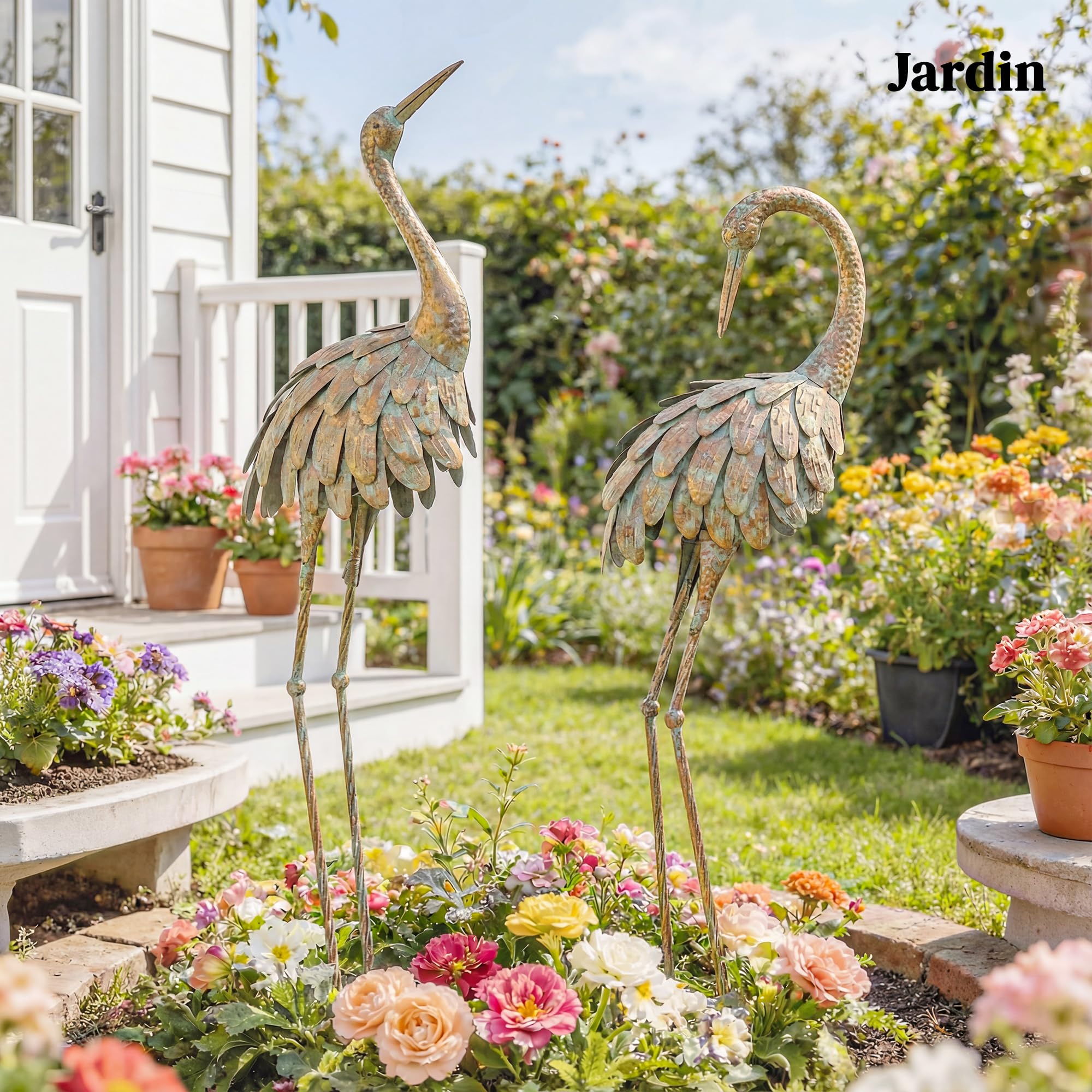 Outsunny Lot de 2 Statues de Jardin Sculpture Héron Métal 91/95cm Or/Bleu