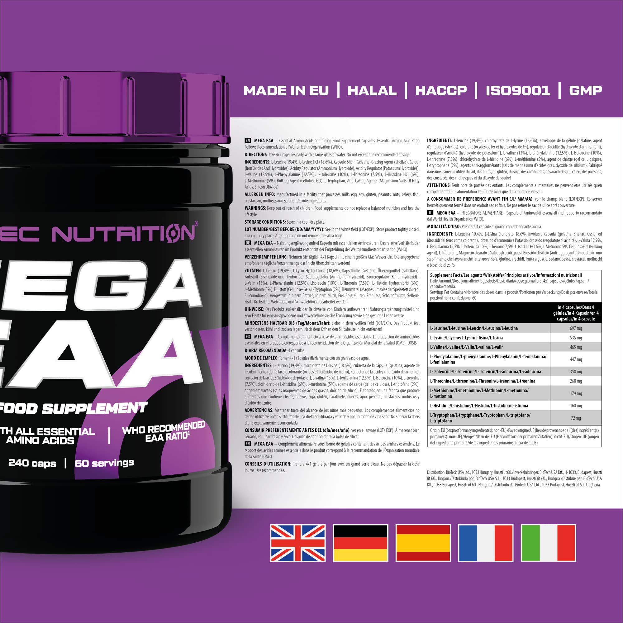 Scitec Nutrition Mega EAA Complément alimentaire sous forme de gélules contenant des acides aminés essentiels, 240 capsule