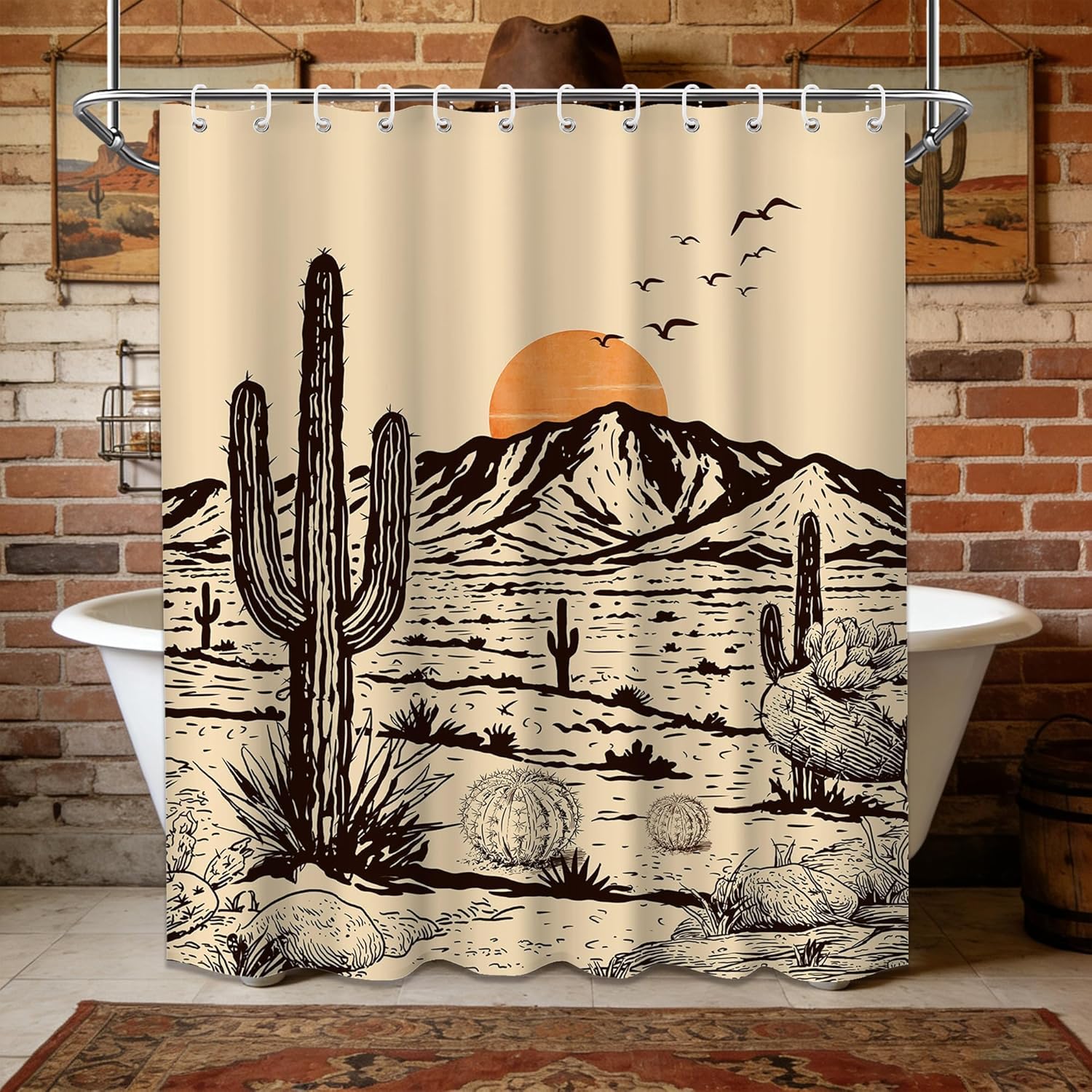 Western Shower Curtain Rustic Cactus Desert Shower Curtains for Bathroom Decor Bath Curtain Set, Waterproof Fabric with Hooks 70 x 84 Inch