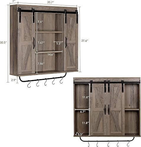Miniatura 3 de RUSTOWN Armario de almacenamiento de pared de madera rústica con dos puertas correderas de granero, armario decorativo de 3 niveles para cocina,