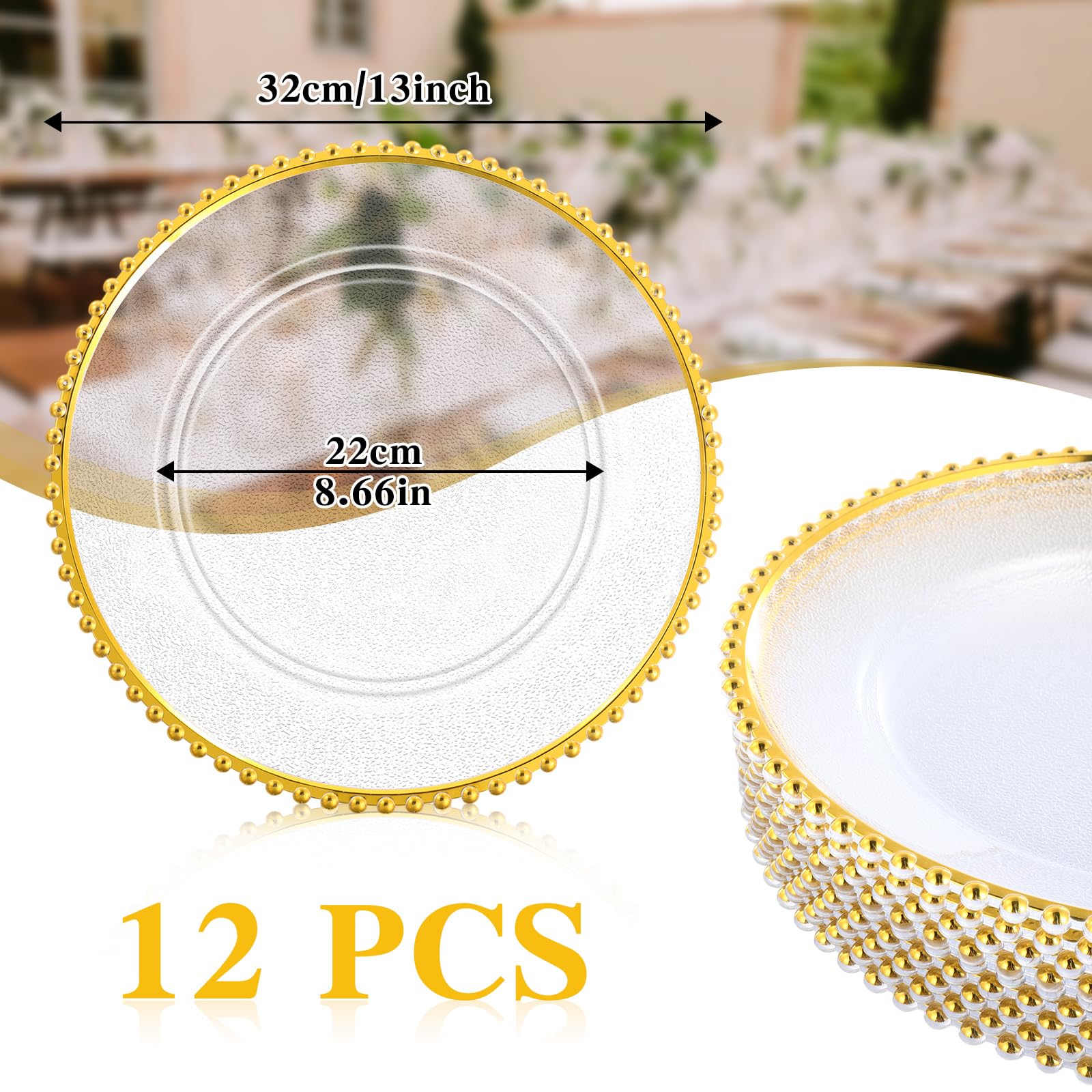 Hoolerry 12 Pack Clear Charger Plates Bulk 13 Inch Plastic Round Beaded Dinner Chargers Acrylic Frosted Grain Decorative Service Plates for Wedding Party Event, Home and Kitchen Tabletop (Gold)
