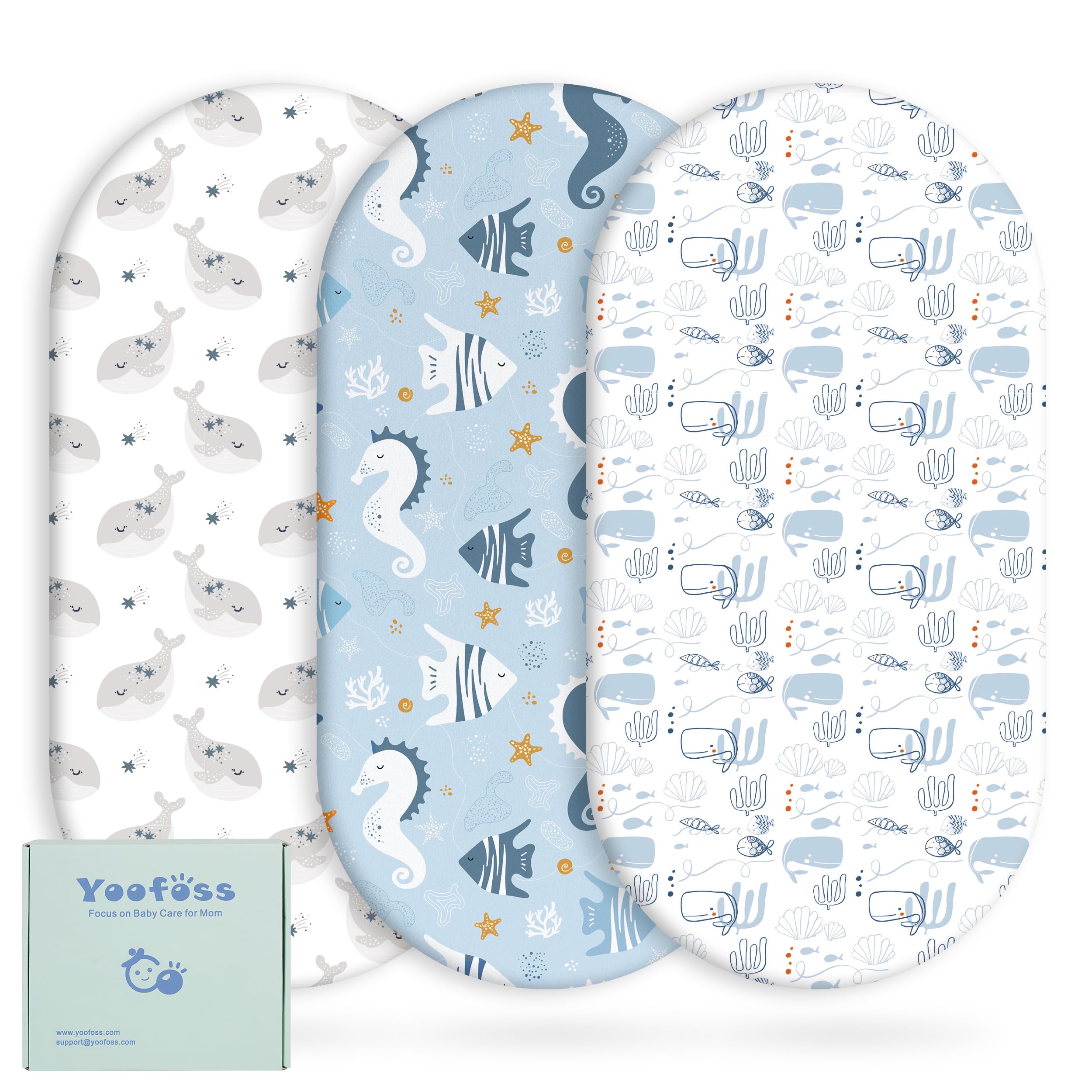 Yoofoss Bassinet Sheets for Baby,3-Pack Fitted Bassinet Sheets Set Compatible with Halo Bassinest Swivel Sleeper,Baby Delight,Angelbliss,Soft Breathable Bassinet Mattress Sheets (Blue+Seahorse)