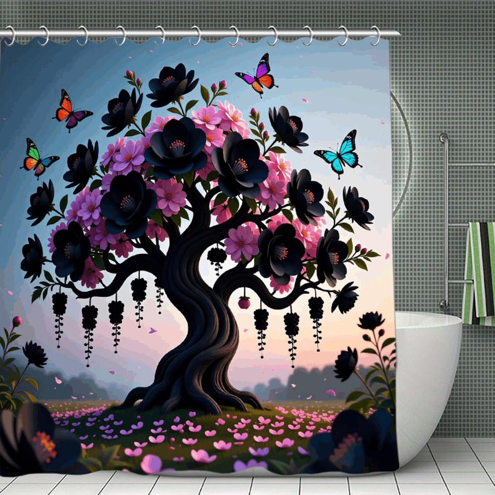 VstaDank Black Blossom Shower Curtain Light-Weight Blackout Bathroom Curtain Washable Shower Liner 71x71 Inch Bath Curtain with Metal Holes Bathtub Bath Room