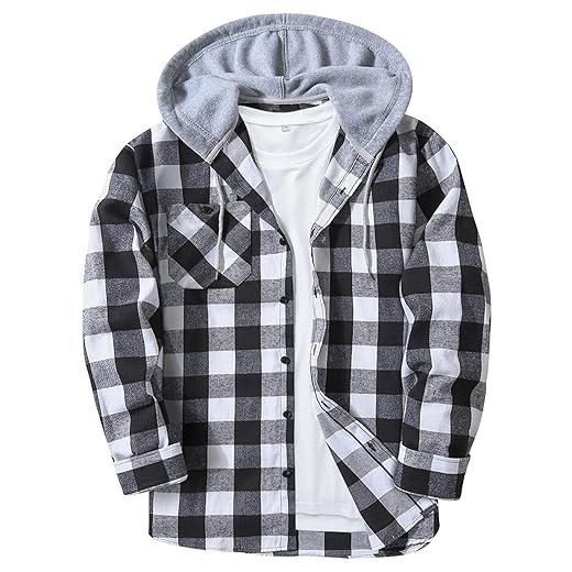 ZITY Men's Flannel Hoodie Shirts Casual Button Down Plaid Shirt Jackets for Men Long Sleeve Stylish Hooded with Pocket