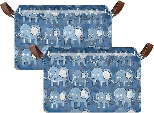 Miniatura 2 de KLL Blue Background with Lots Of Cartoon Elephants on It Large Storage Baskets Decorative Large Closet Organizer Bins with Handles Cube Organizer