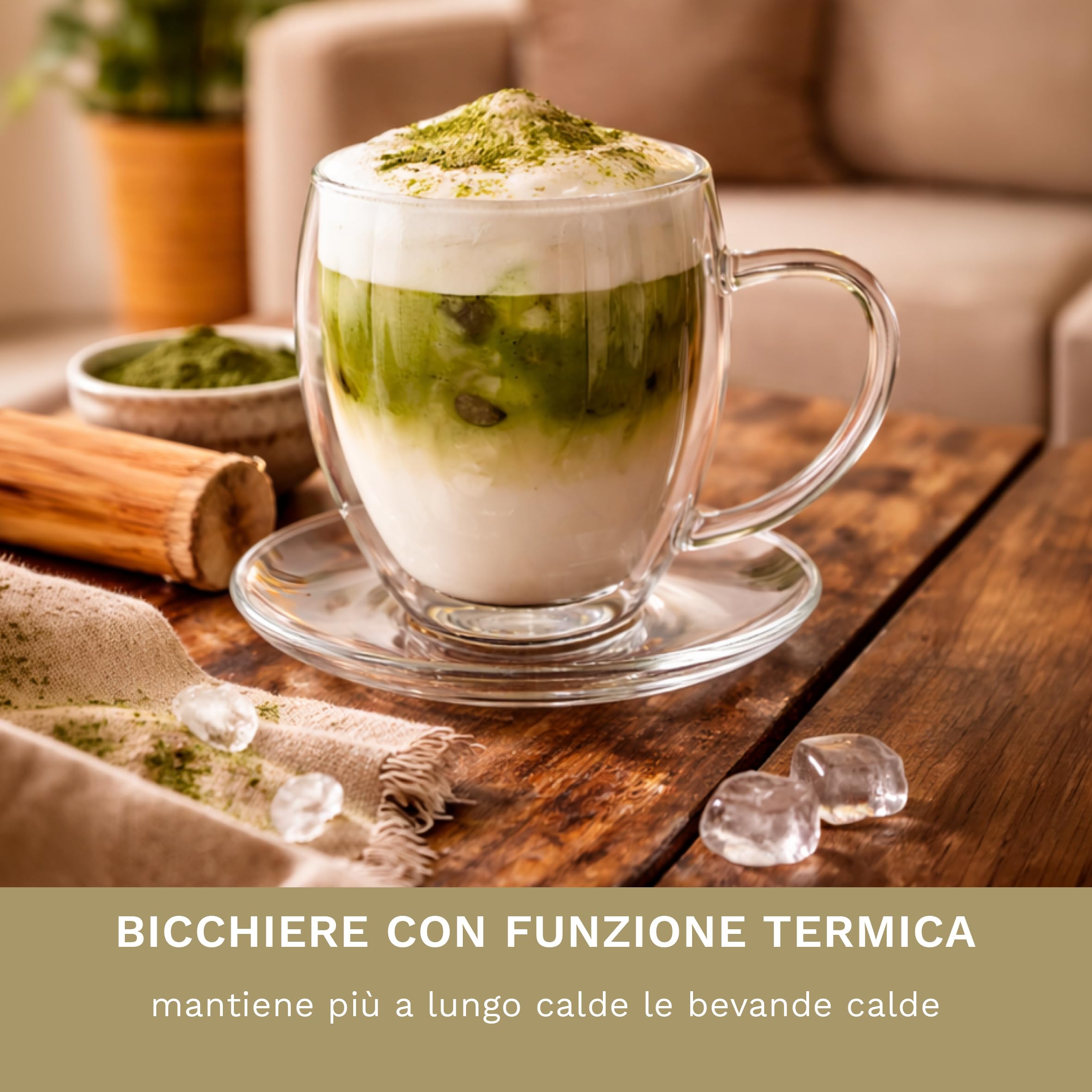 Creano Set di 6 Tazze Termica in Vetro a Doppia Parete, Tazza in Vetro con Manico e Sottobicchiere | 250ml in Esclusiva Confezione Regalo