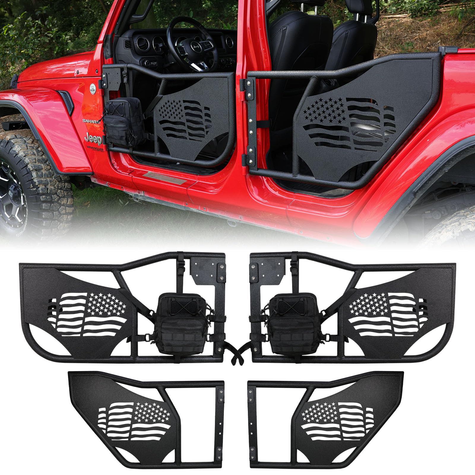 JK Tube Doors for 2007-2018 Jeep Wrangler JK Unlimited 4-Door US Flag Pattern Front & Rear Tubular Half Doors, Offroad Trail Door with Front Door Side Storage Bag