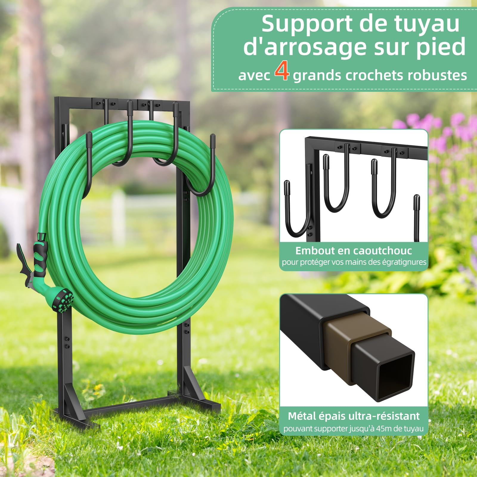 Support pour Tuyau d'arrosage 109,5 cm Enrouleur Métallique 45 mètres 4 Crochets Jardin
