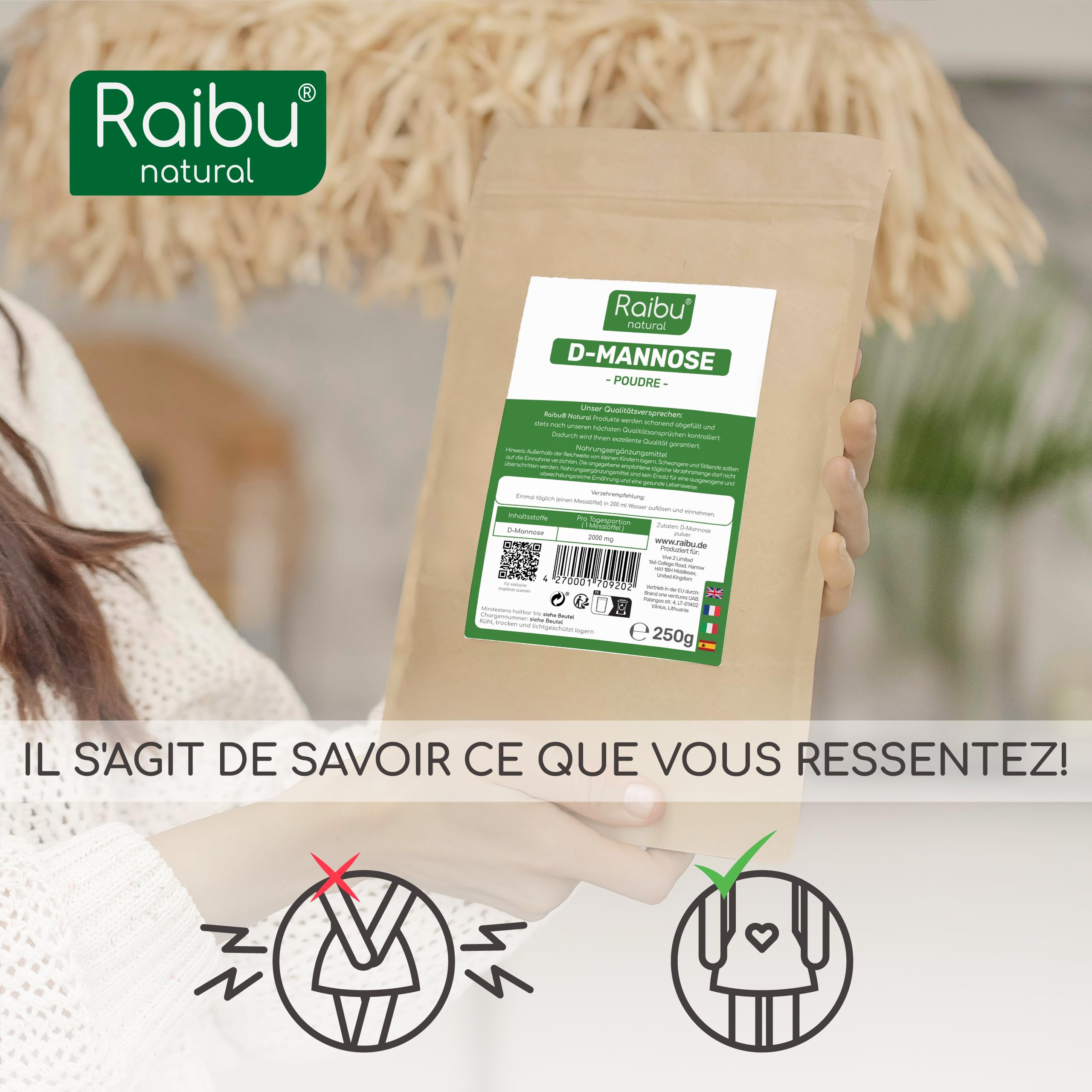 Raibu D-Mannose Poudre 250 g - Plus de 4 Mois - 2000 mg par Dose D Mannose Poudre - Cuillère de Dosage Incluse - Pur & Végétalien