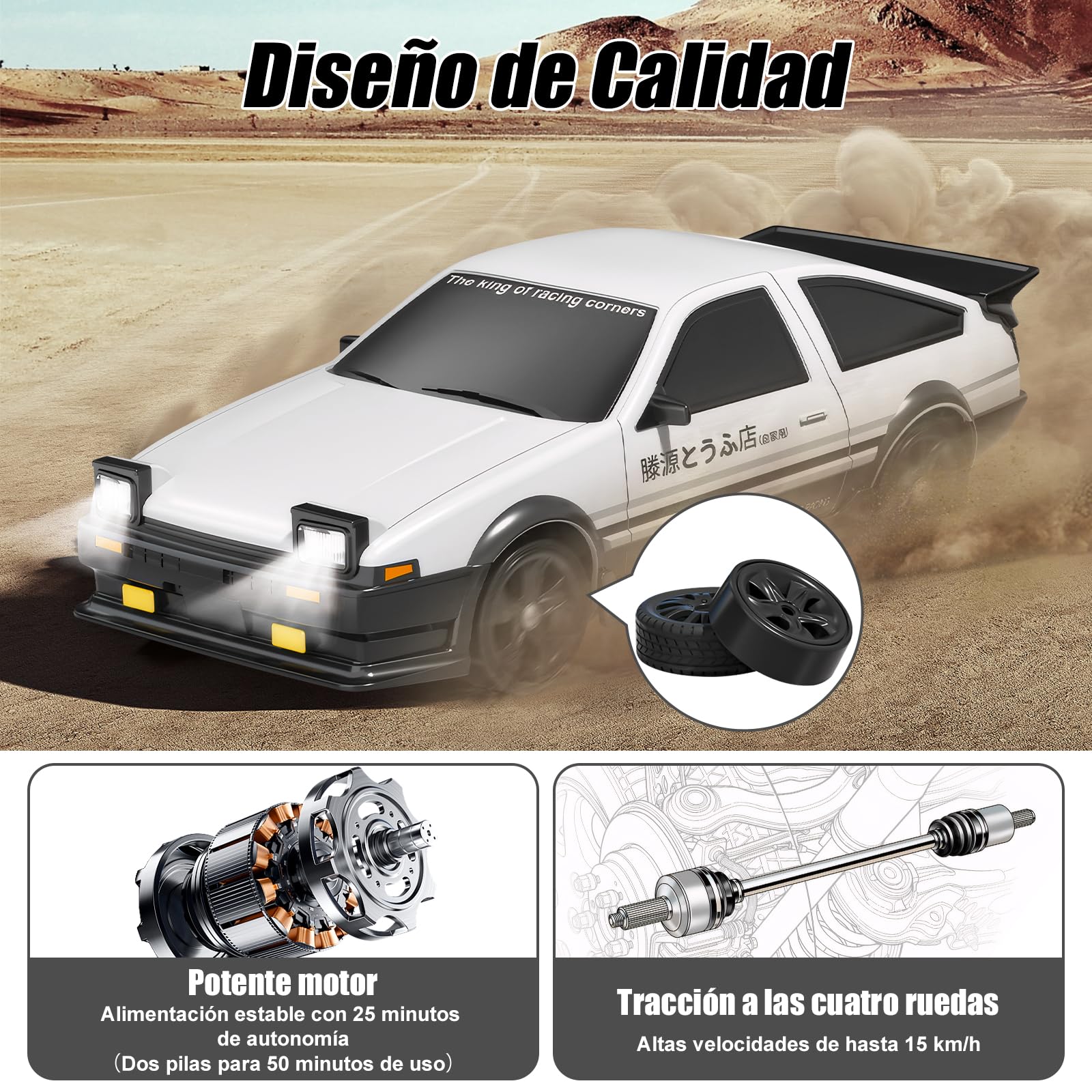 BuzzoXerex Coche Teledirigido Drift, 1:24 Drift RC Car, 18km/h 4WD Mini Car Teledirigido con Kit Barricada, Luces LED, Radiocontrol Coche de Juguete para Adultos y Niños Mayores de 6 Años (Blanco)