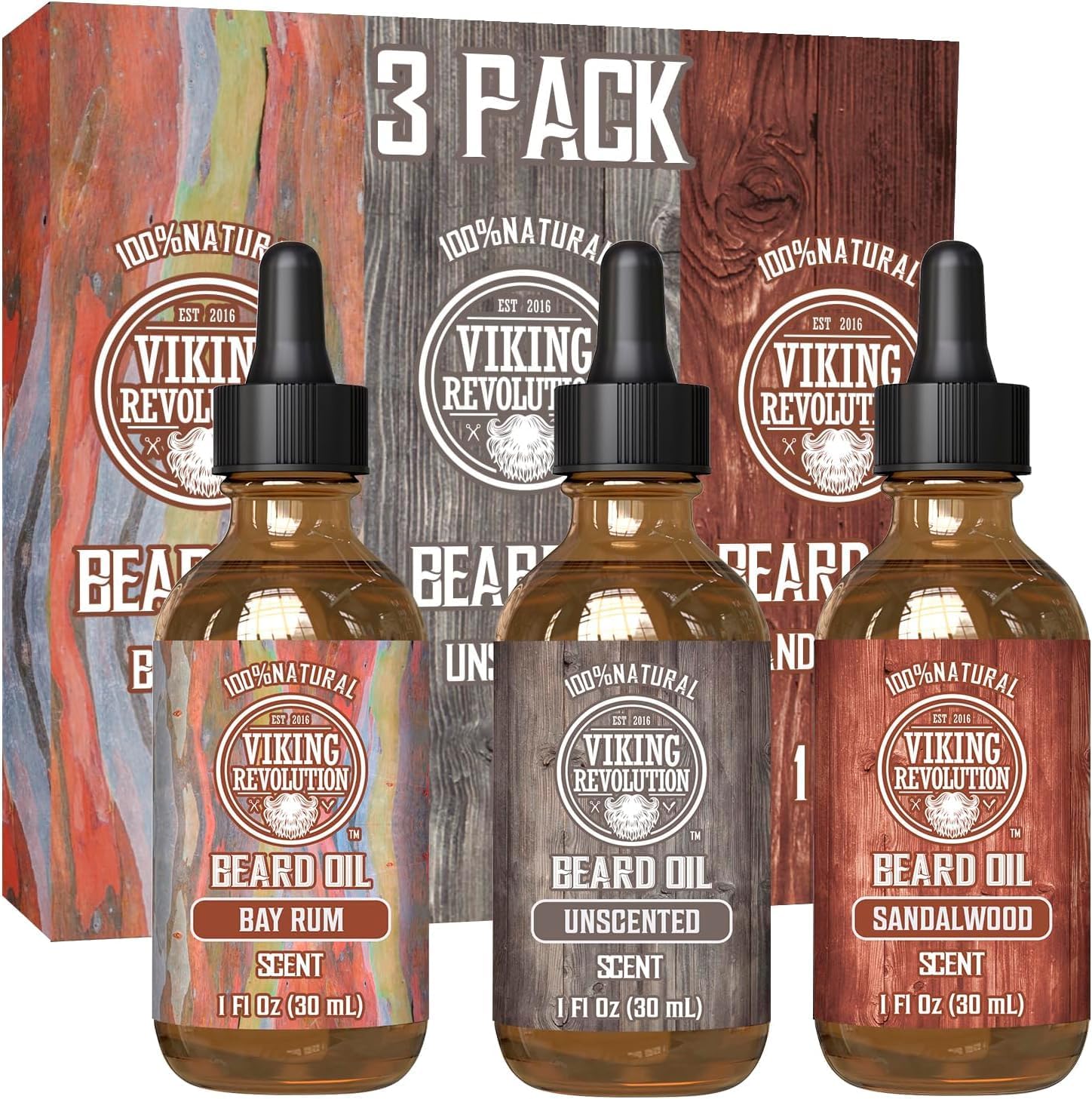 Viking Revolution Beard Oil for Men 3 Pack – Natural Mens Beard Oil Variety Set 2 – Sandalwood, Unscented and Bay Rum Scents – Beard Conditioning and Moisturizing for a Healthy Beard (3 Pack, 1oz)
