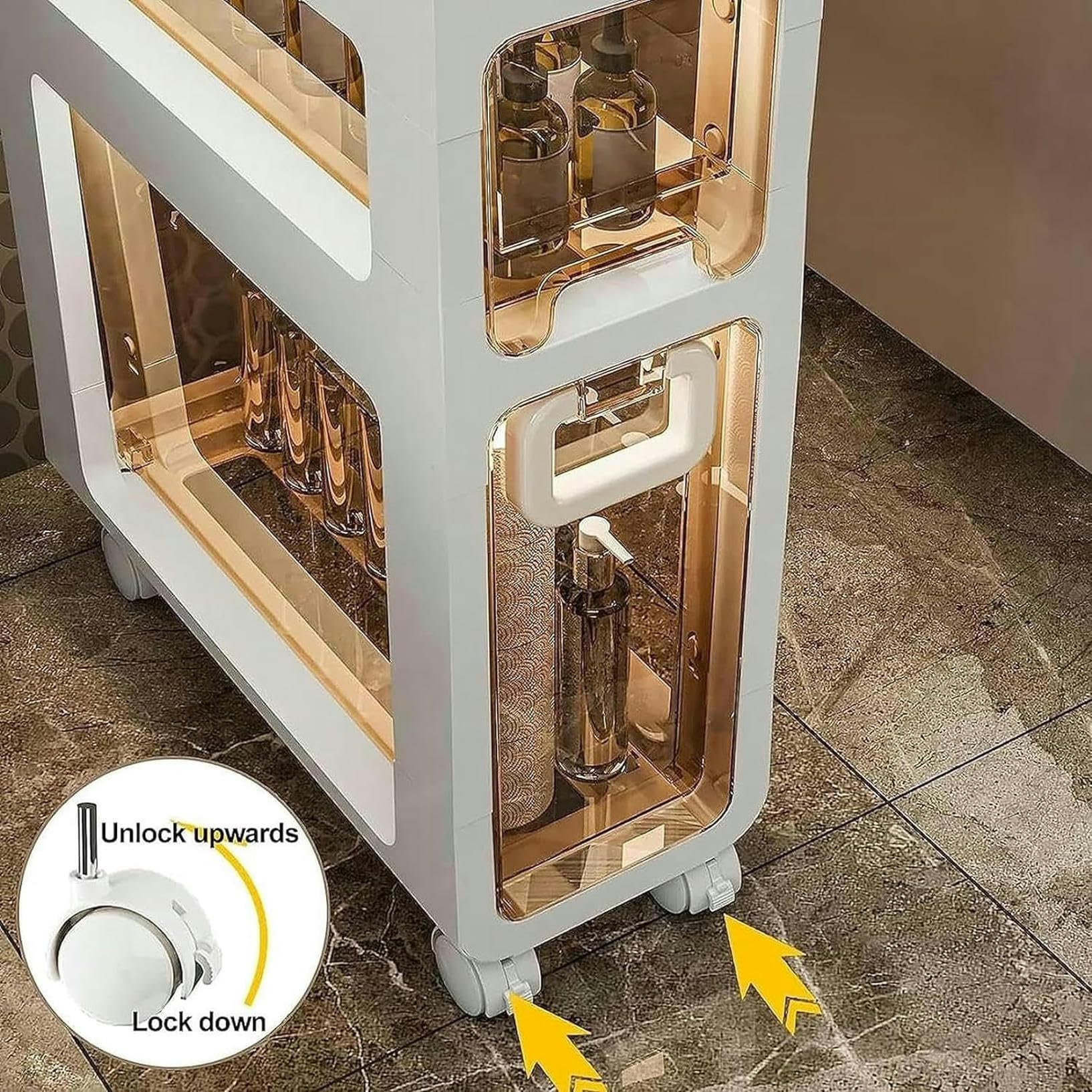 Armadietto da Terra per Bagno con 4 Cassetti e Ruote, Armadietto da Terra ad Angolo di Grande capacità Cassettiera Stretta a Torre Verticale per Bagno, Piccoli Spazi e Spazi, Installazione Libera