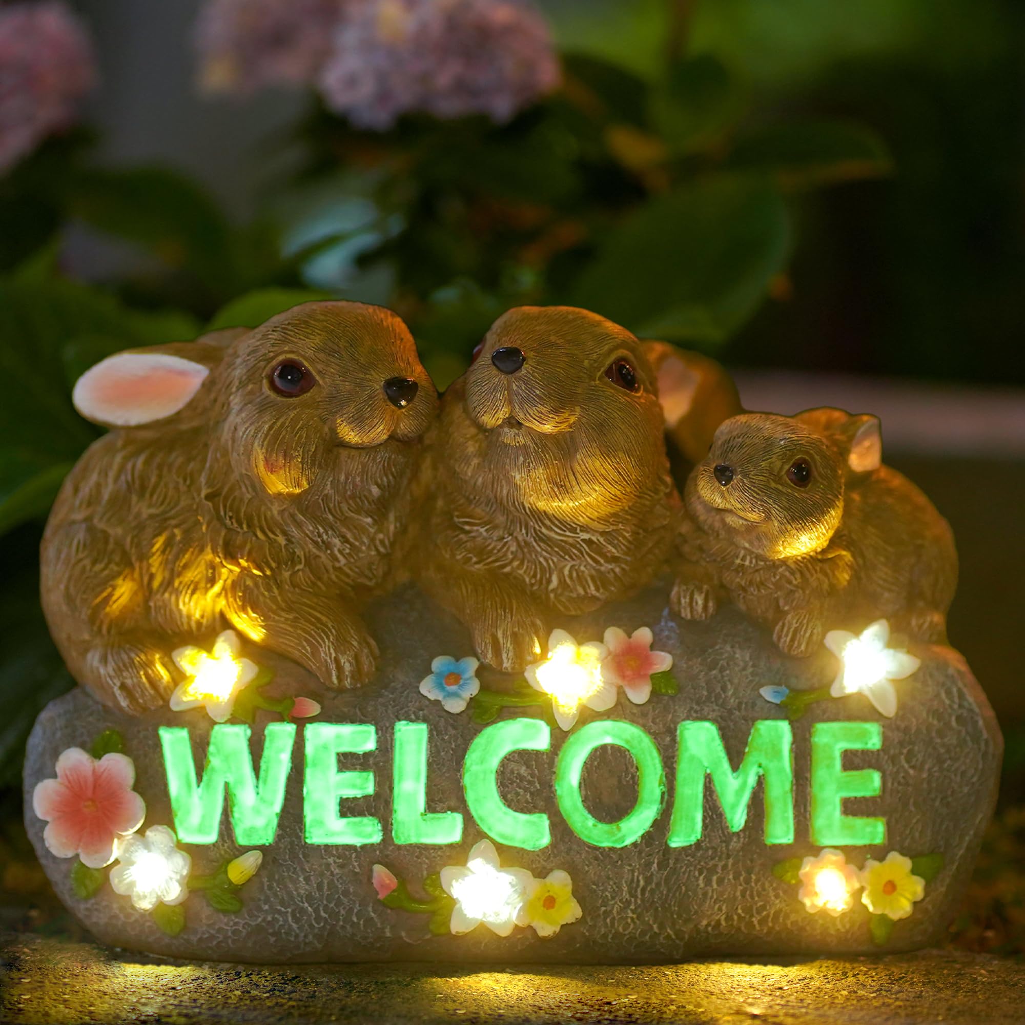 Solar Rabbits with Welcome Sign - Outdoor Bunny Decor with Solar LED Lights - Rabbit Garden Decor & Outdoor Light-Up Gifts for Women, Moms or Birthdays