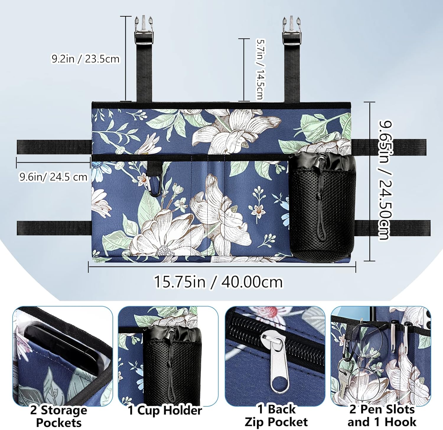 Rhino Valley Walker Bag, Multi Pockets Folding Walker Basket Tote Bag with Cup Holder, Hand-free Carry Pouch Storage Bag for Universal Walkers, Large Capacity Organizer for Seniors Elderly,Blue Cosmos