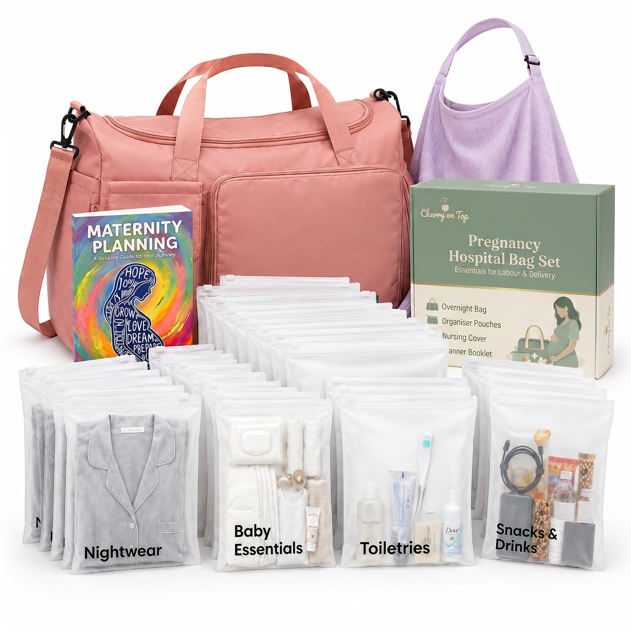 Pregnancy Bag For Hospital - Complete Labour And Delivery Set With Hospital Bag, 21 Organiser Pouches, Planner Book & Nursing Shawl - Premium Expectant Mum Hamper & Baby Shower Set, Pink