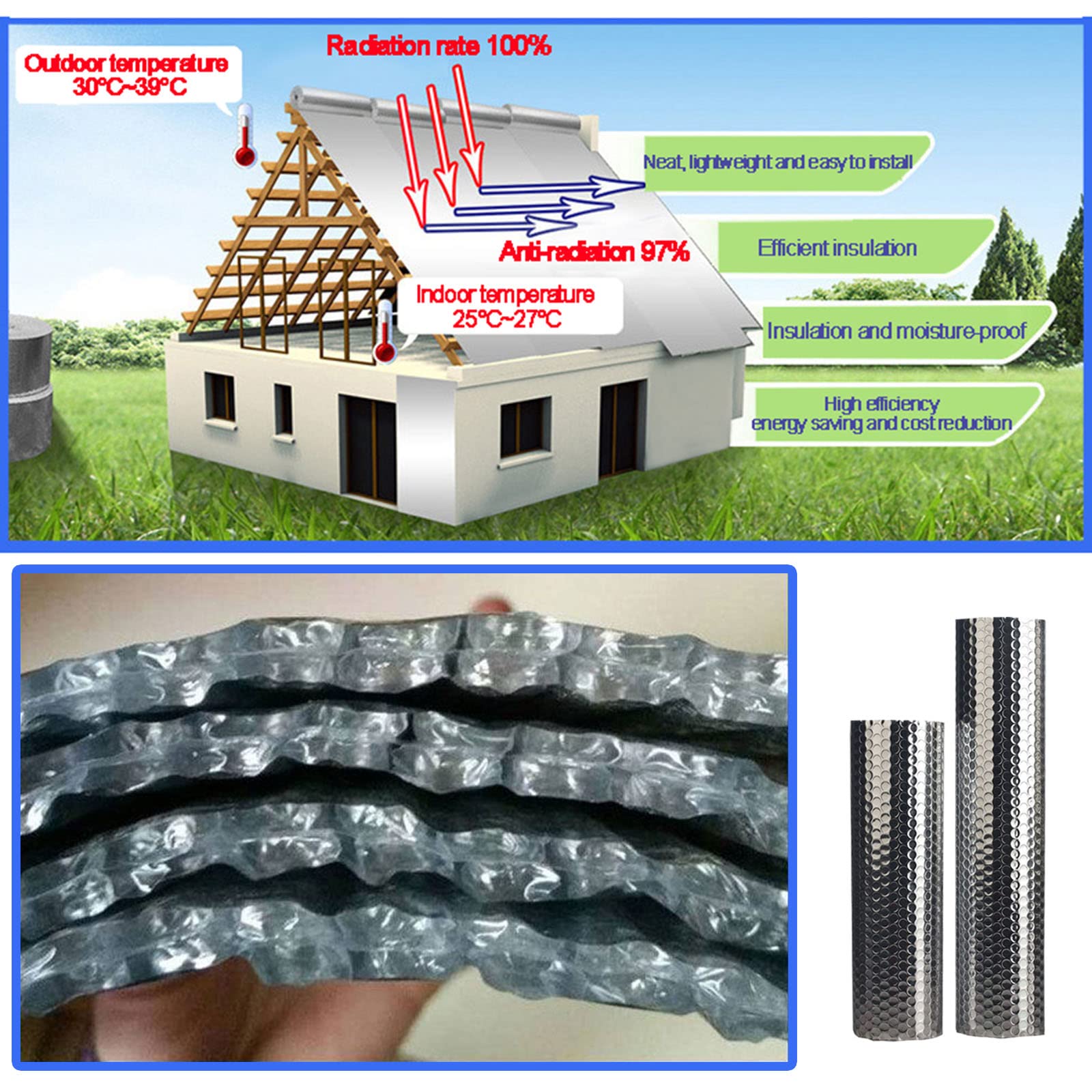Schaumkernstrahlungsbarriere, Aluminiumfolie Schaum Wärmeisolierung Baumwolle, Wände Dachböden Luftkanäle Fenster Heizkörper Garagen Sauna 1M², 5 M², 10 M²,5mm（thk）,1 * 10M (10m²)