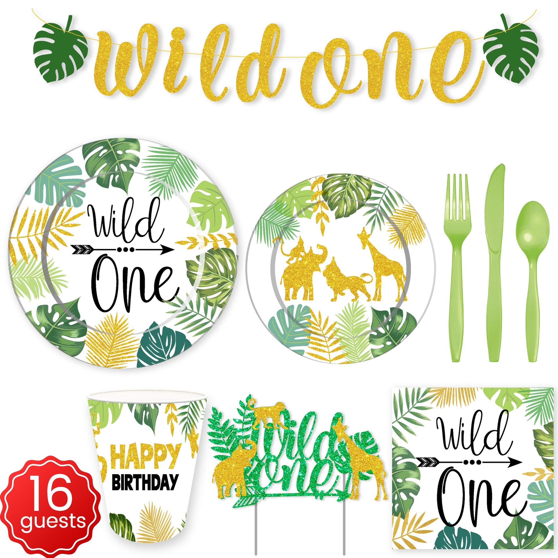 Goldedge 114 Piece Wild One Party Pack Tableware Cups Napkin Tissue Straws Plates Set 16 Guest, , PSB1