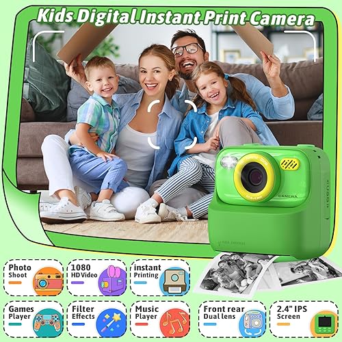Miniatura 2 de Cámaras digitales instantáneas para niños y niñas, cámara digital selfie HD de doble lente 1080P con papel de impresión y tarjeta de 32G, regalos de