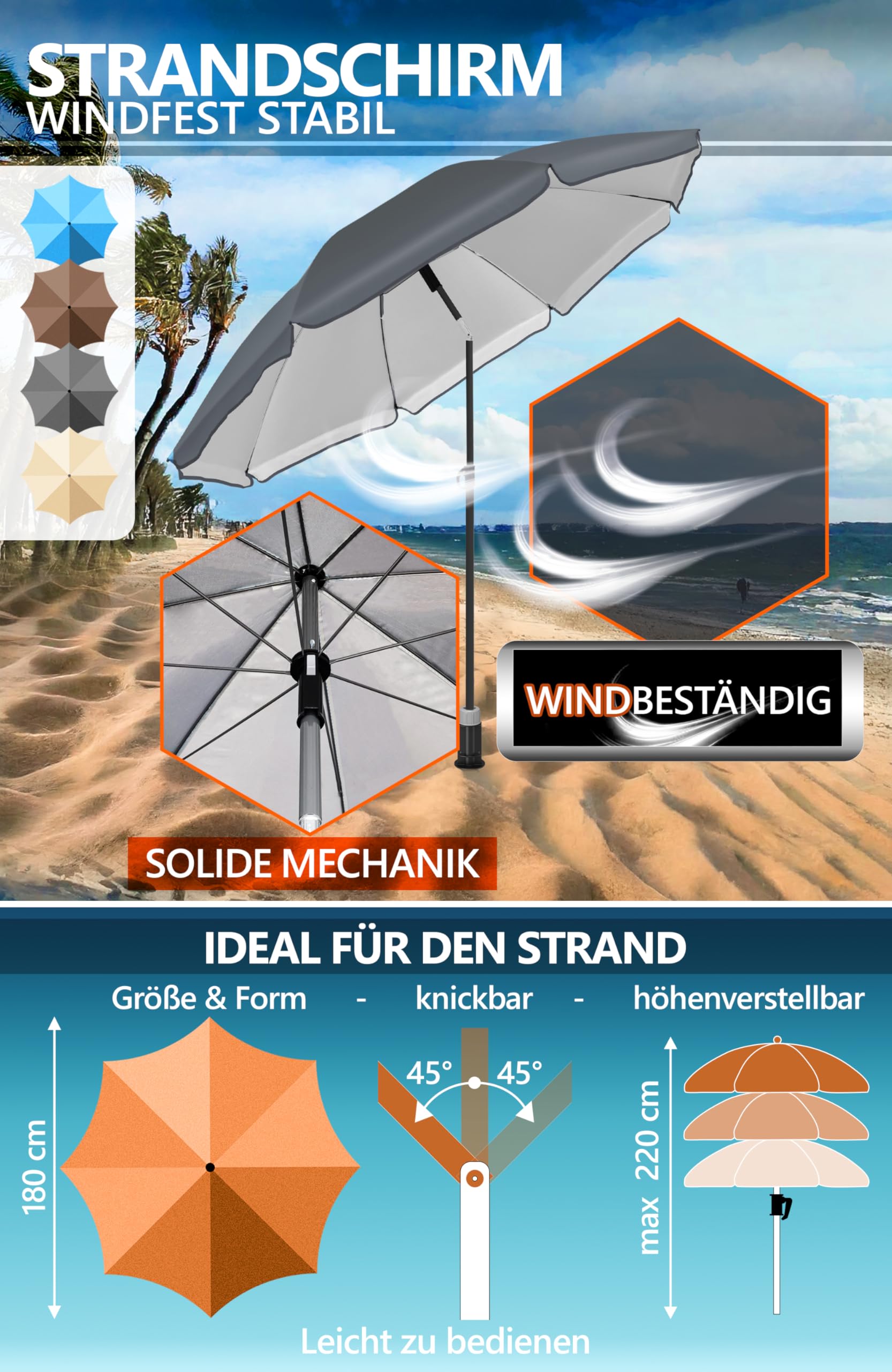 4smile Sonnenschirm Strand SunnyJoy, 3-in-1 SET, Anthrazit - UPF 50+ Strandschirm Ø 180 cm + Sonnenschirm-Bodenhülse + Sonnenschirmhülle - Komplettes Sonnenschutz Strand Set