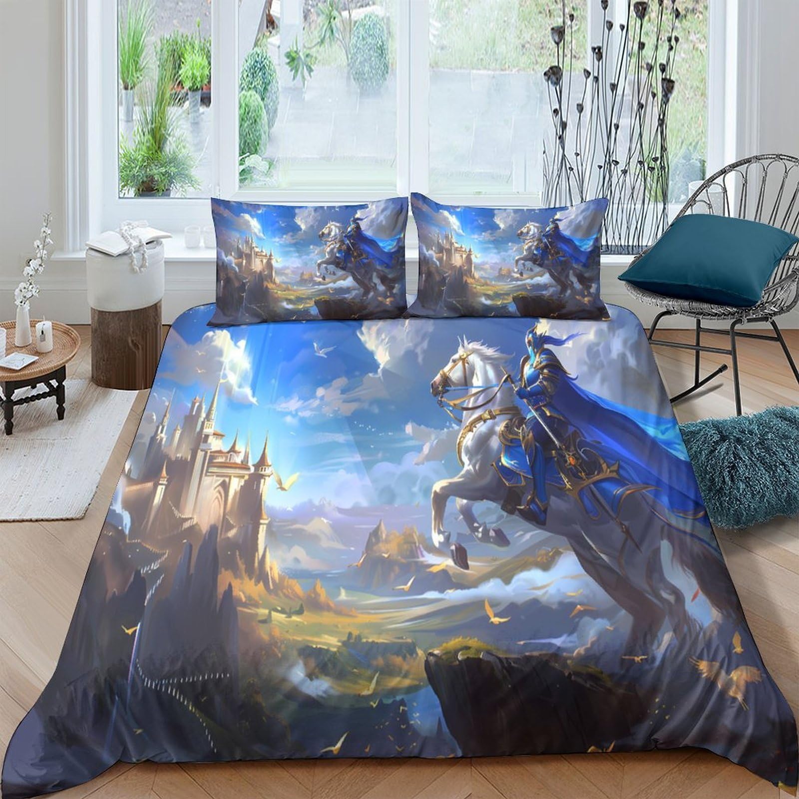 Ctjqhvkz Style-2 3D Printed Knight Castle Fitted Sheet Microfiber Medieval Horse Bed Cover Anti-Slip Machine Washable Bedroom Decor Single（135X200cm）