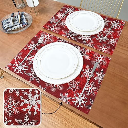 Miniatura 3 de Juego de 6 manteles individuales navideños con patrón rojo navideño con copos de nieve y flores, manteles individuales para mesa de comedor, cocina,