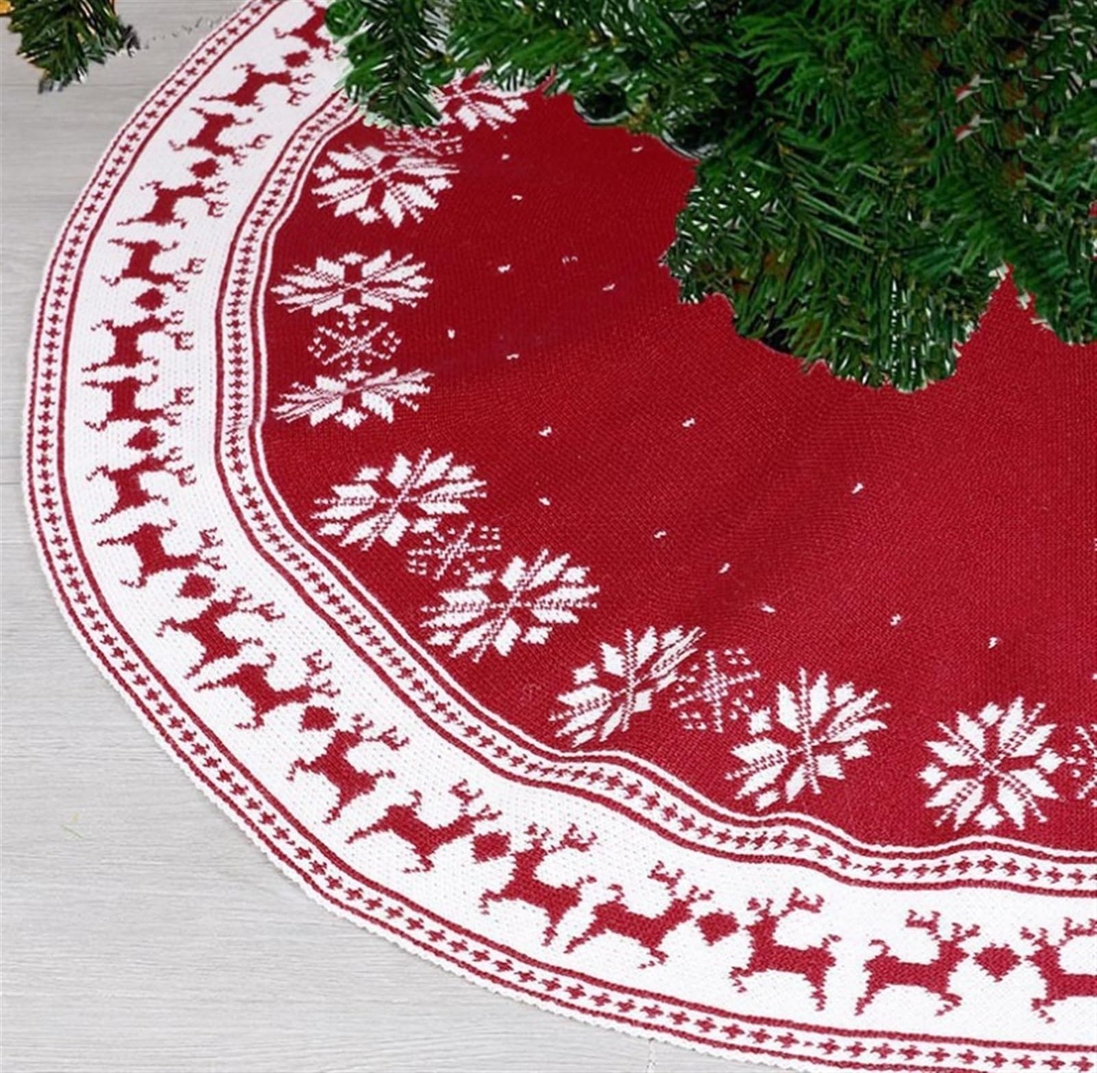Weihnachtsbaum Rock, Roter Weihnachtsbaumrock Stricken Mit Schneeflocken-Hirsch, Rustikale Ländliche Weihnachtsdekoration Decke Weihnachtsbaum(48 Inches)
