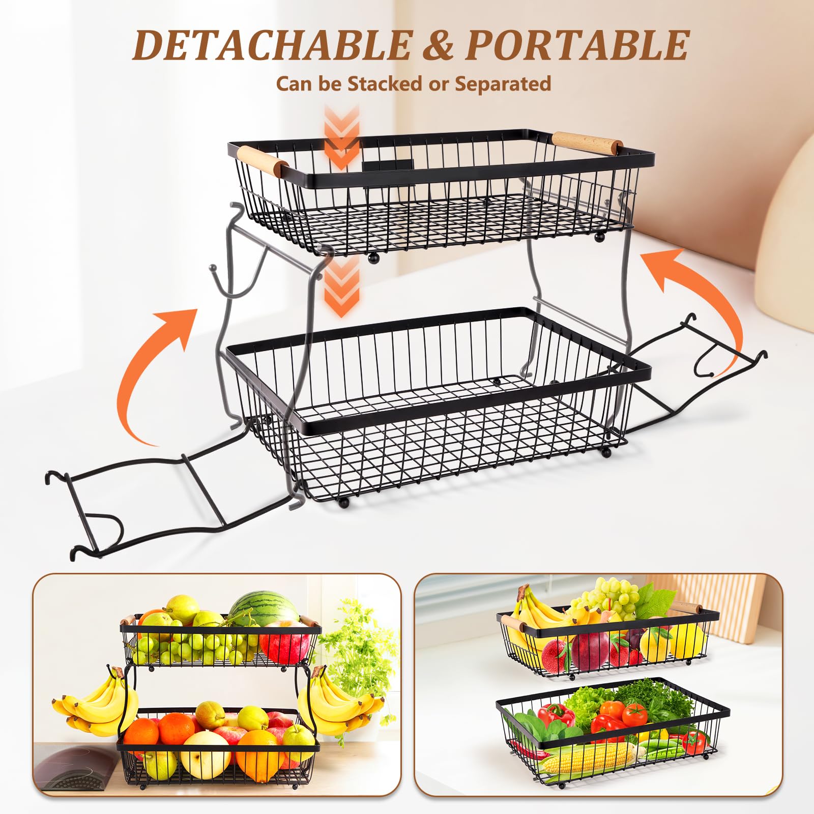FoiiLiio Porta Frutta da Tavolo Cestino Portafrutta a 2 Ripiani per Cucina Cestino di Frutta e Verdura da Appoggio, Fruttiera per Frutta Vassoio per Pane Staccabile in Filo Metallico