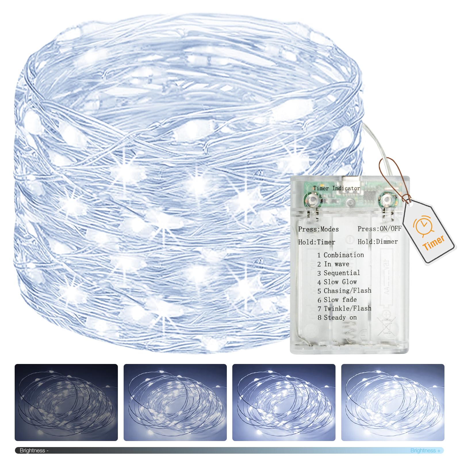 btfarm Fairy Lights Battery Operated with Timer Dimmable, 8 Modes String Lights USB Powered, 5 M 50 LED Christmas Wire Lights Waterproof for Xmas Tree Indoor Outdoor Bedroom Decor, Cool White