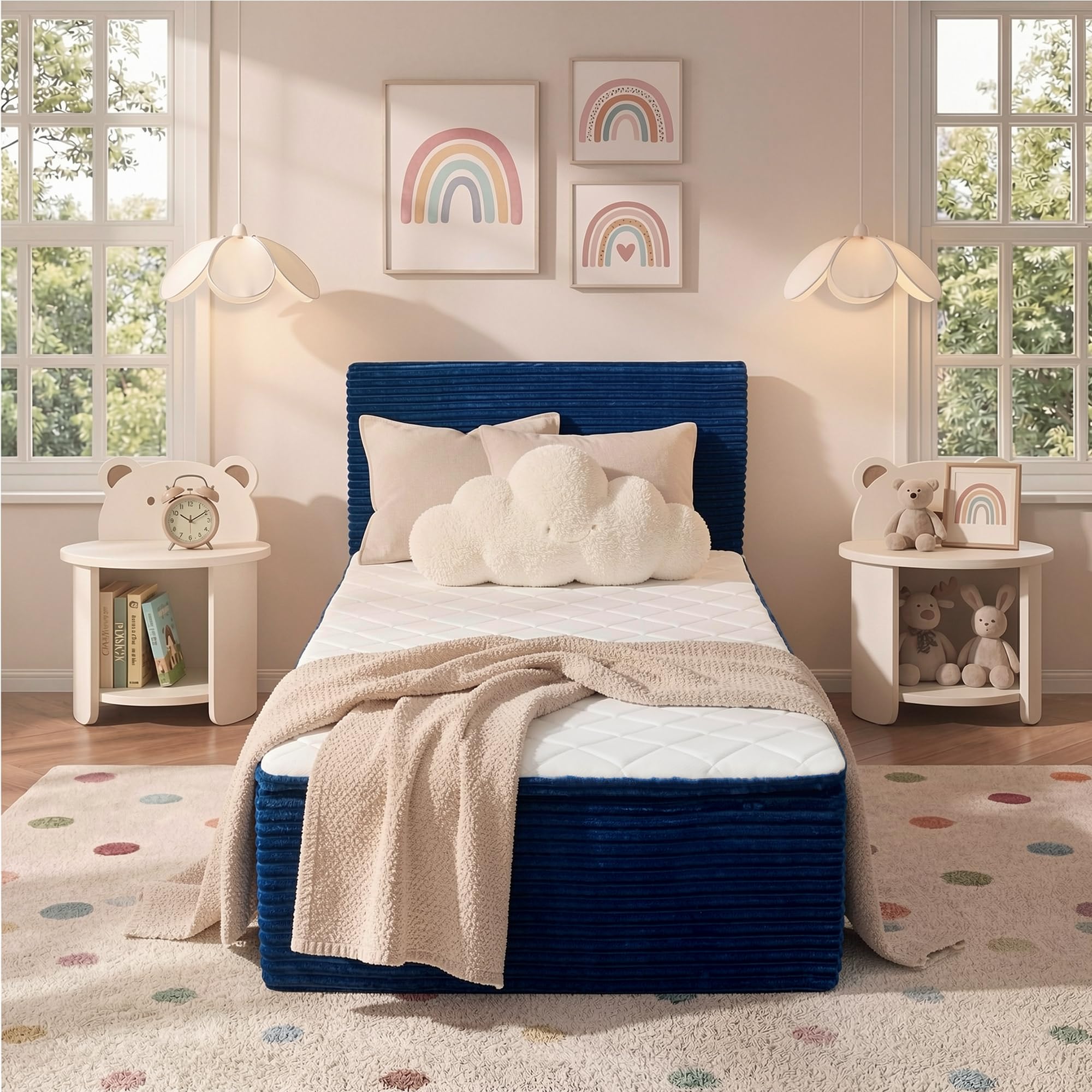 Twin Boneless Bed Frame with Mattress, 16 Inch Memory Foam Mattress with Plush Fabric Upholstered Bed Frame Platform, No Assembly Required,Cool Night &amp; Relieve Pressure with Medium Support, Blue