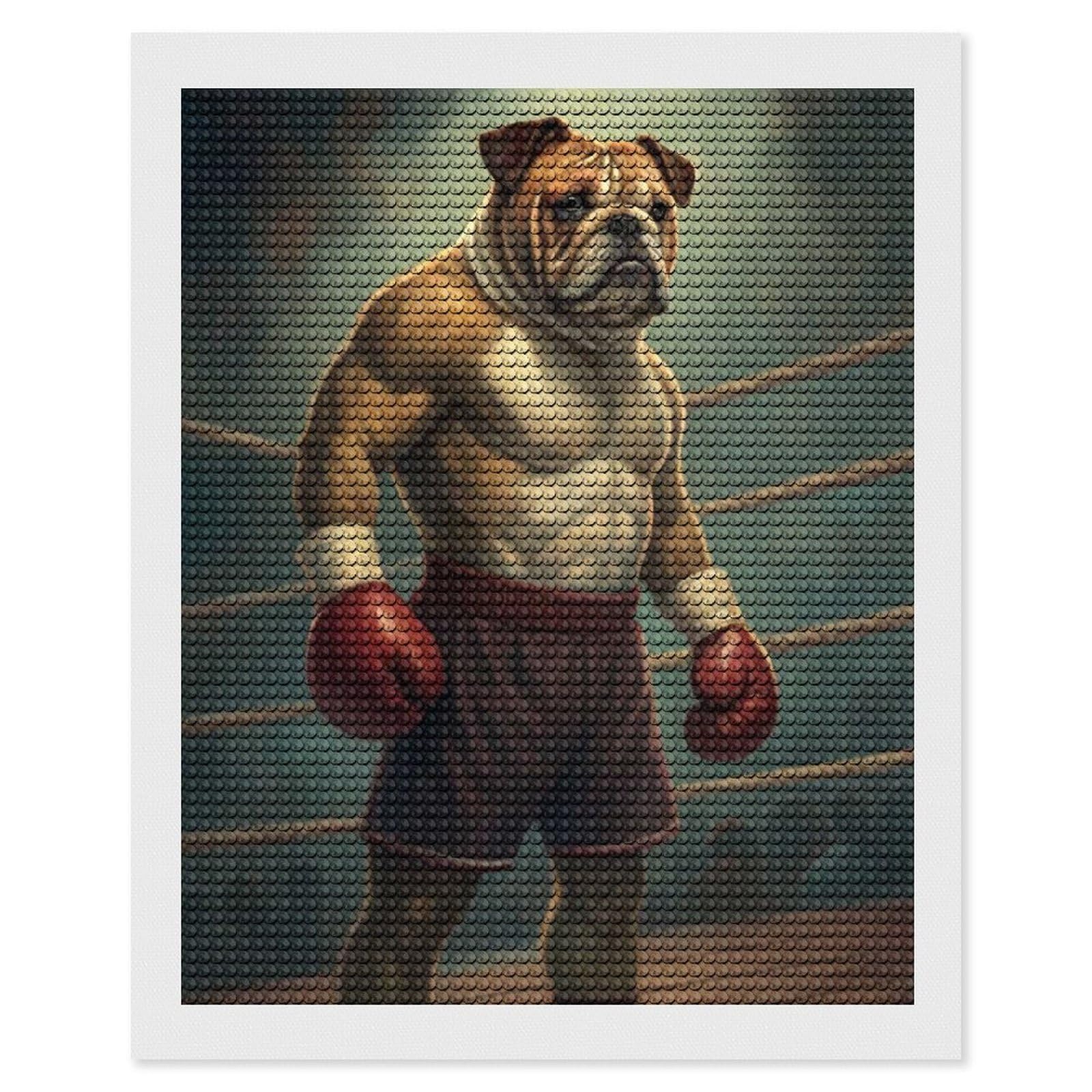 Junmoney Bulldog Boxer in Ring Diamond Painting Set 16"x20", Full Kit Included, Sparkling Round Gems, Farmhouse Decor, Festive Craft Gift
