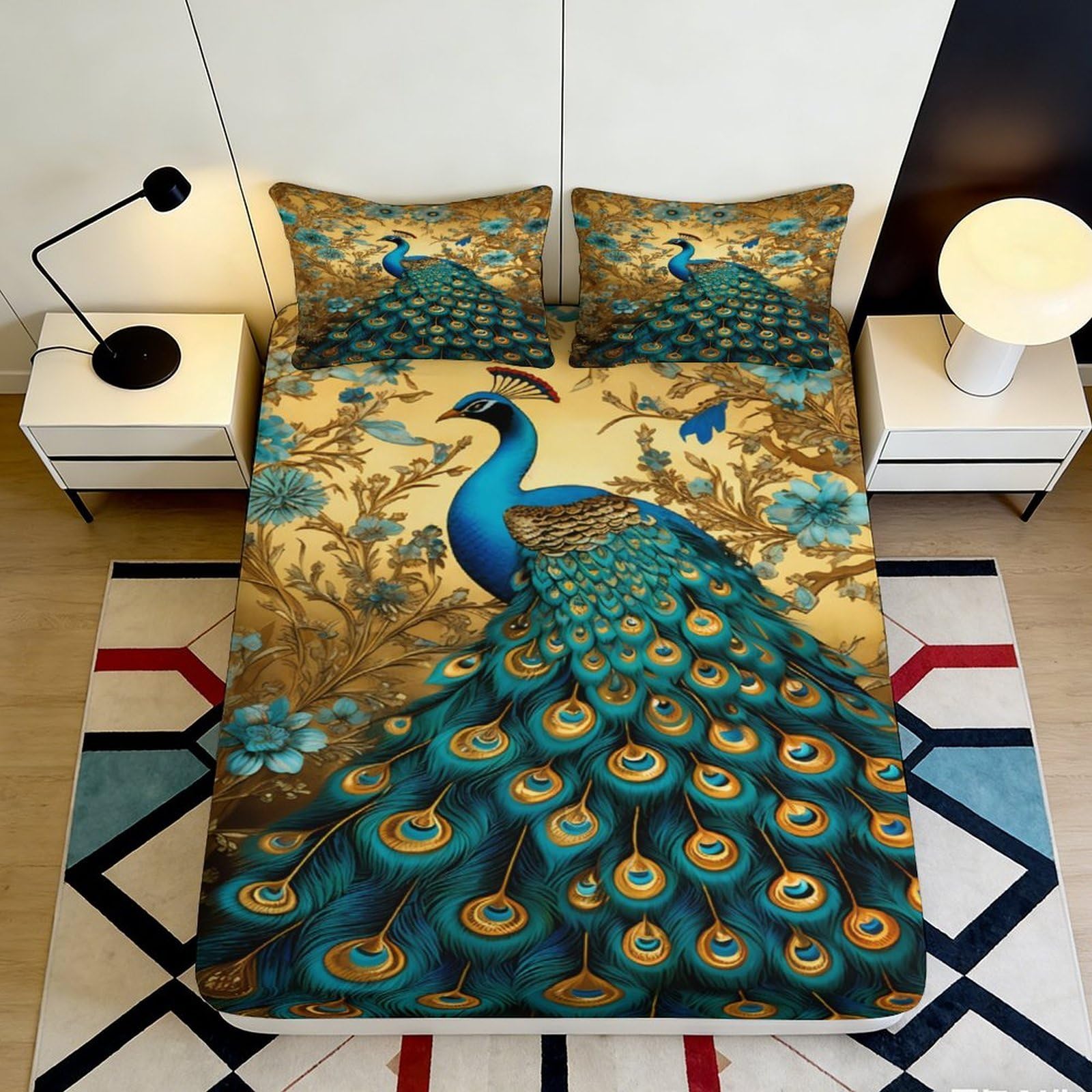 3D Printed Peacock Pattern Fitted Sheet Microfiber Deep Pocket Bedroom Bedding Peacock Mattress Fitted Cover Elastic Hem for Adults 140x200x25cm