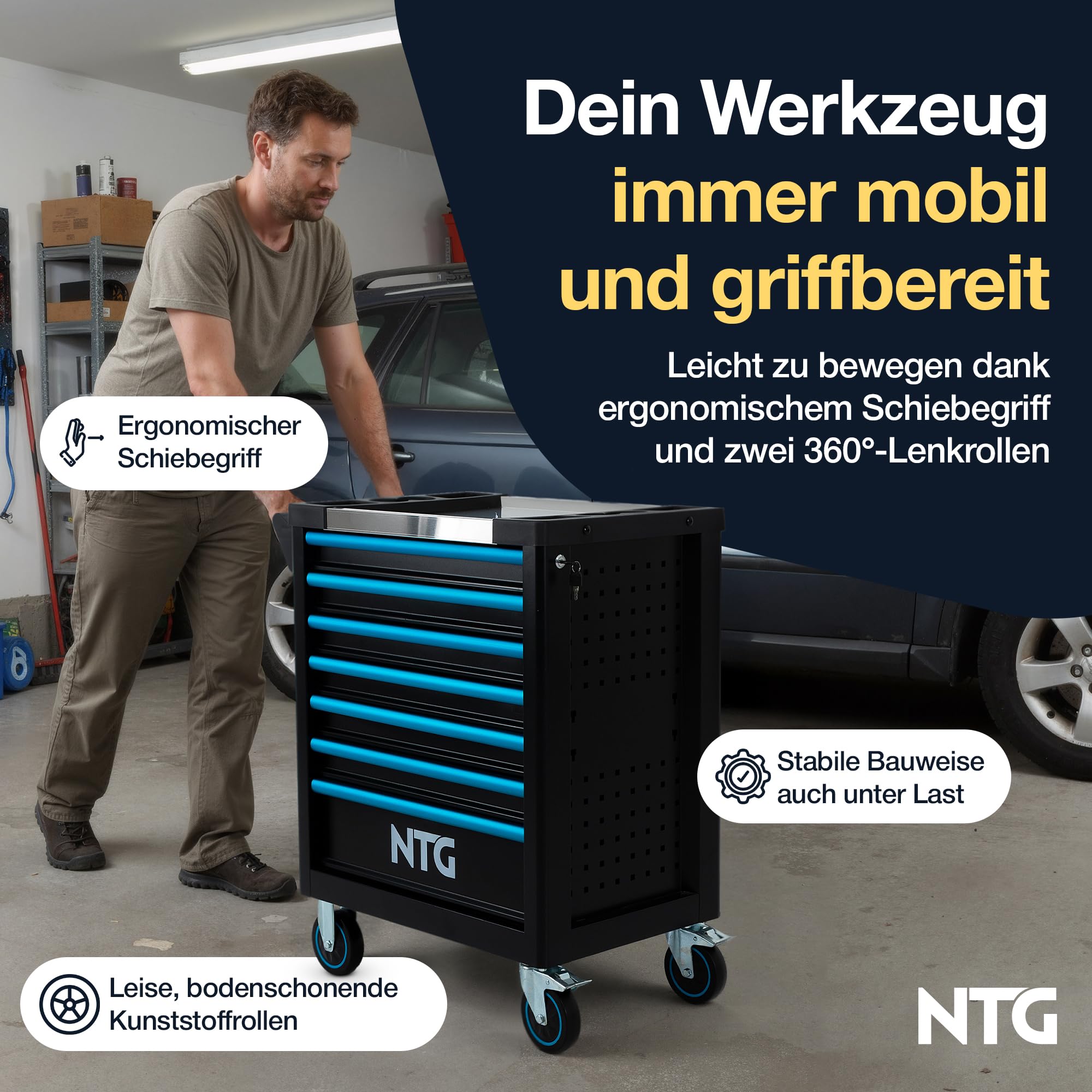 NTG WERKZEUGWAGEN GEFÜLLT MIT 290-TLG Werkzeug – Werkstattwagen, 7 Schubladen, abschließbar mit Zentralverriegelung, Mobile Rollen, stabile Stahlkonstruktion für Werkstatt & Garage