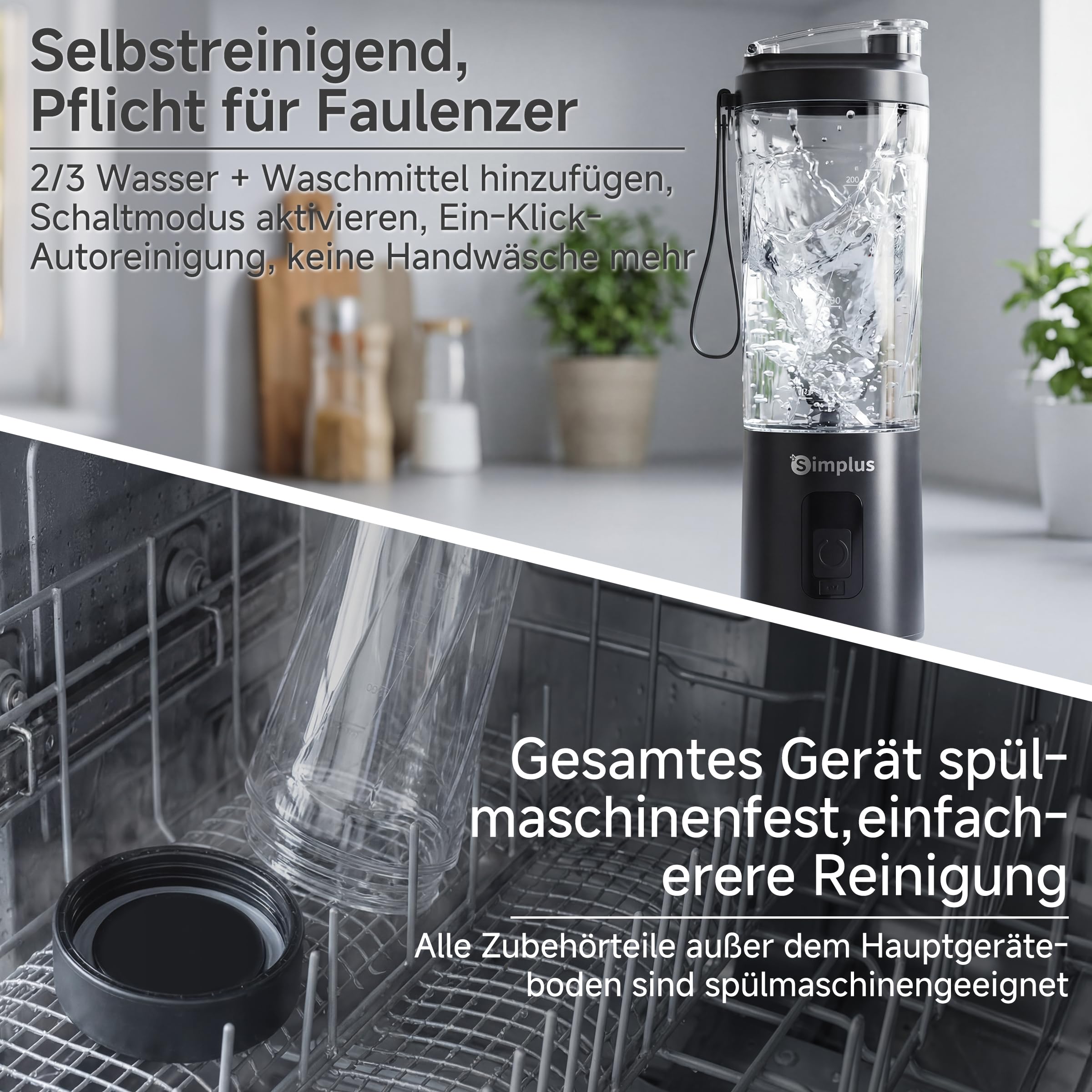 SIMPLUS Tragbarer Mixer 800ml Smoothie Maker To Go, USB-C Mini Mixer mit 6 Edelstahlklingen, kabelloser Blender für Shakes, Milchmixgetränke, weiche Früchte & kleine Eisstücke, BPA-frei