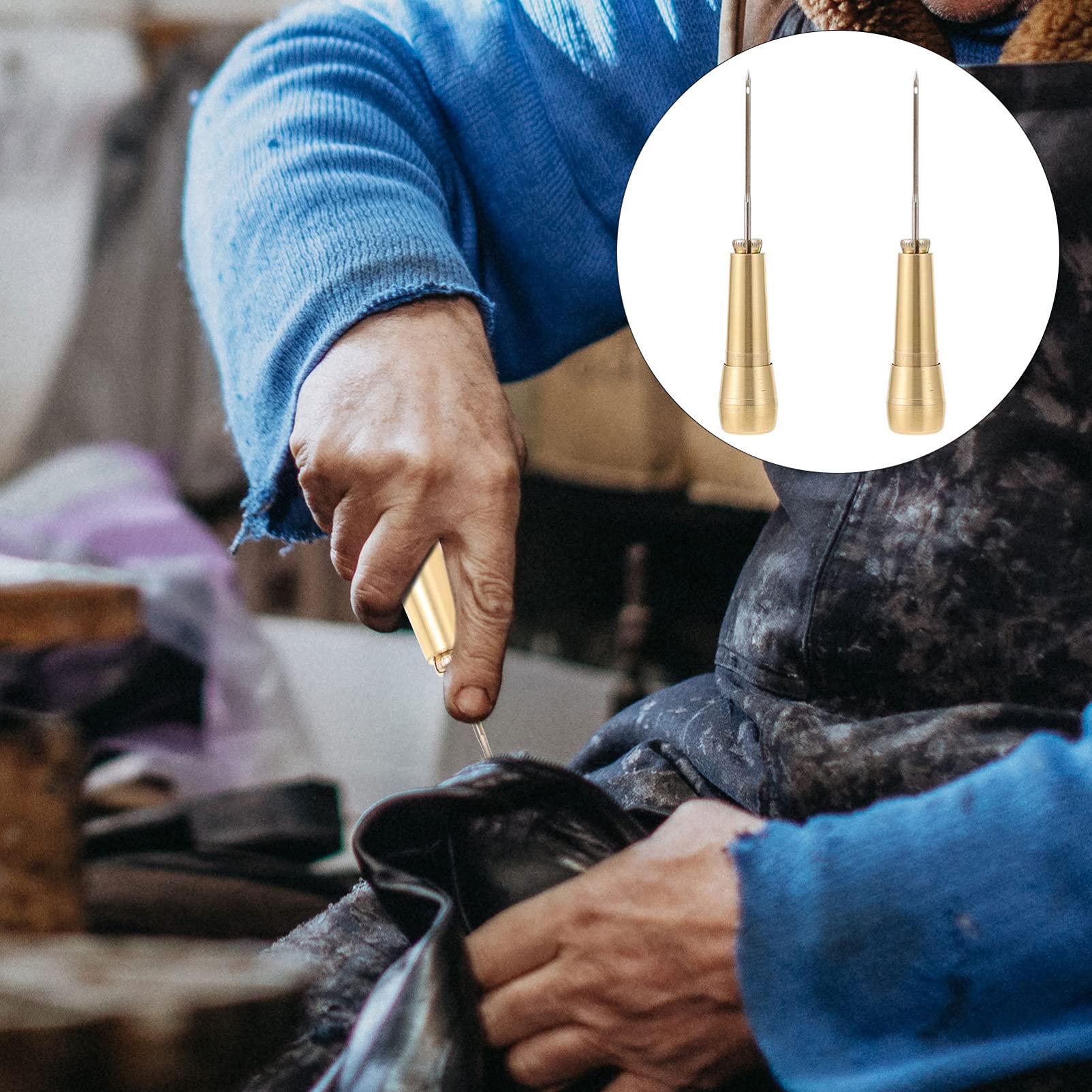 Beatifufu 2sets Sewing Awls Leather Craft Steel Needle Handle 2-Piece Set Essential for Shoe Patches for Holes Repairing 2pcs*2