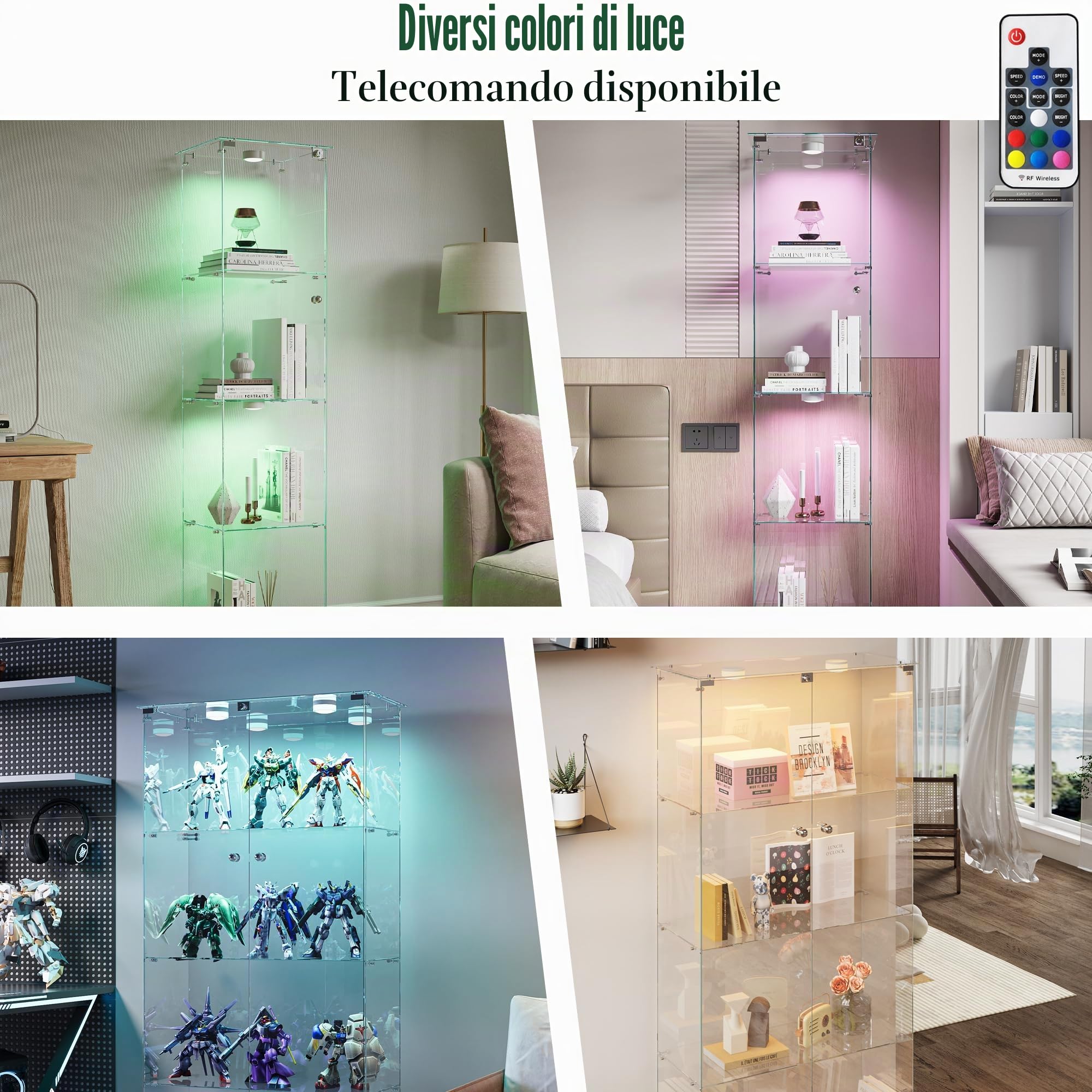 Vetrina in vetro con illuminazione a LED, 4 ripiani e 2 ante in vetro con serratura, armadietto per soggiorno, ufficio, oggetti da collezione, libri, vino, nero