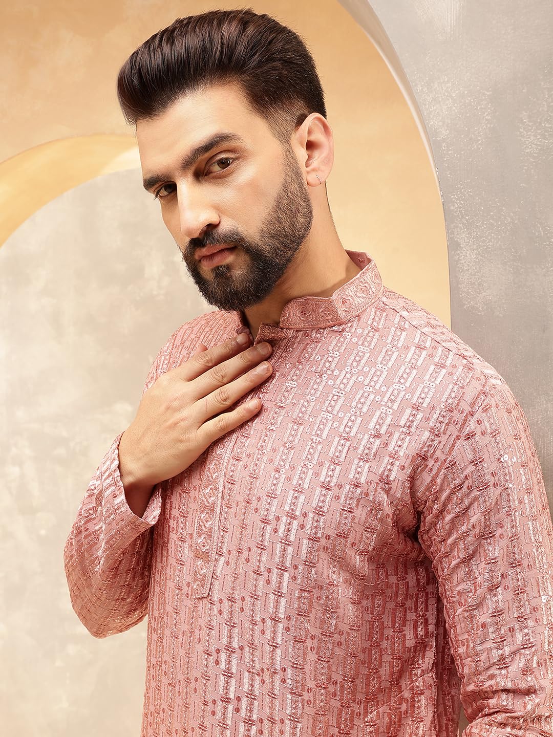 Sojanya (Since 1958 Men's Cotton Rayon Shiny Thread Sequinned Coral Only Long Kurta