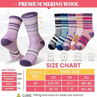 SEEYAN Womens Merino Wool Socks Hiking Walking Winter Thermal Boot Warm Cushion Work Thick Crew Socks 5 Pairs