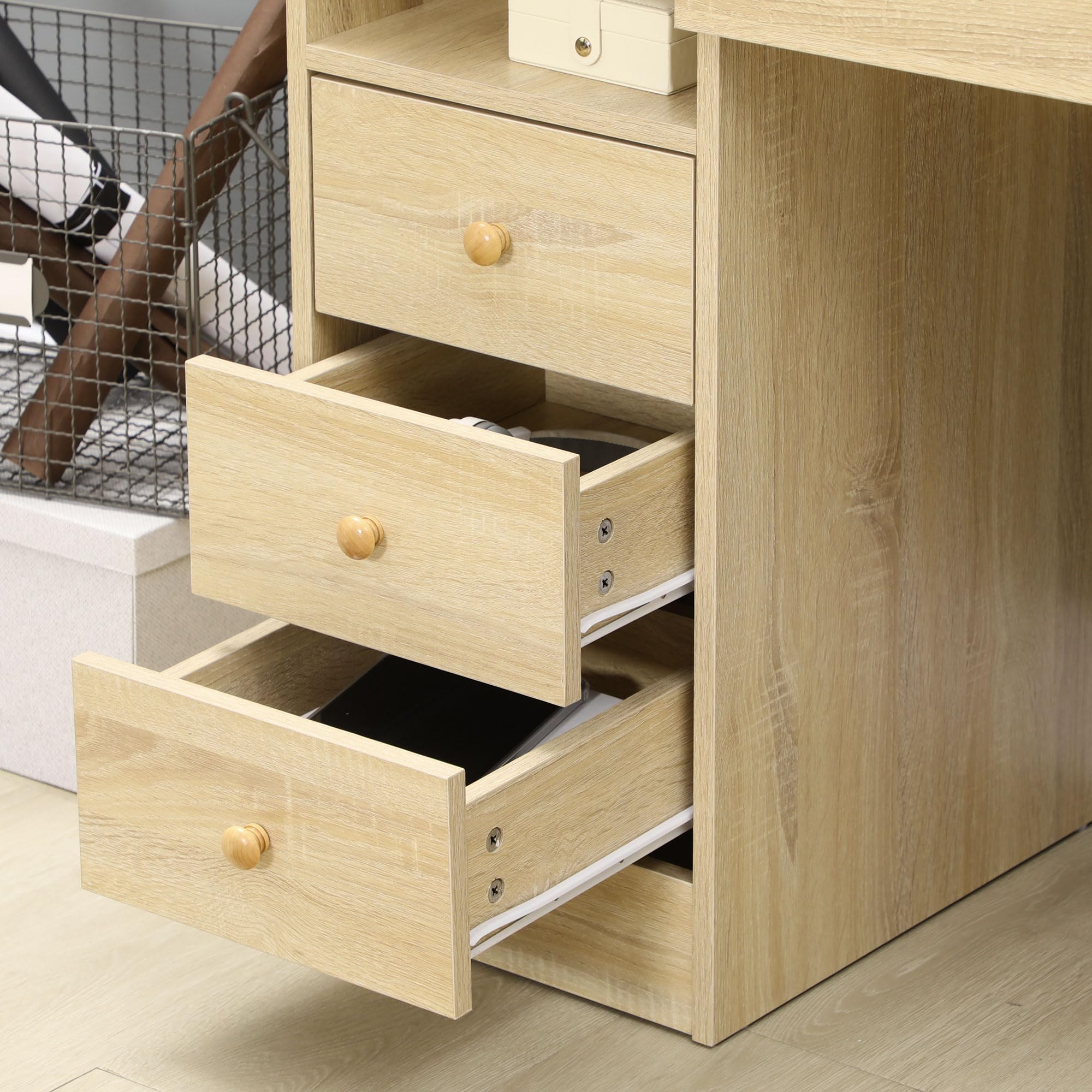 HOMCOM Scrivania PC per Ufficio con Scaffali 125x60x74cm Color Legno | Scrivania per Computer, Ripiano Testiera, 3 Cassetti in Legno