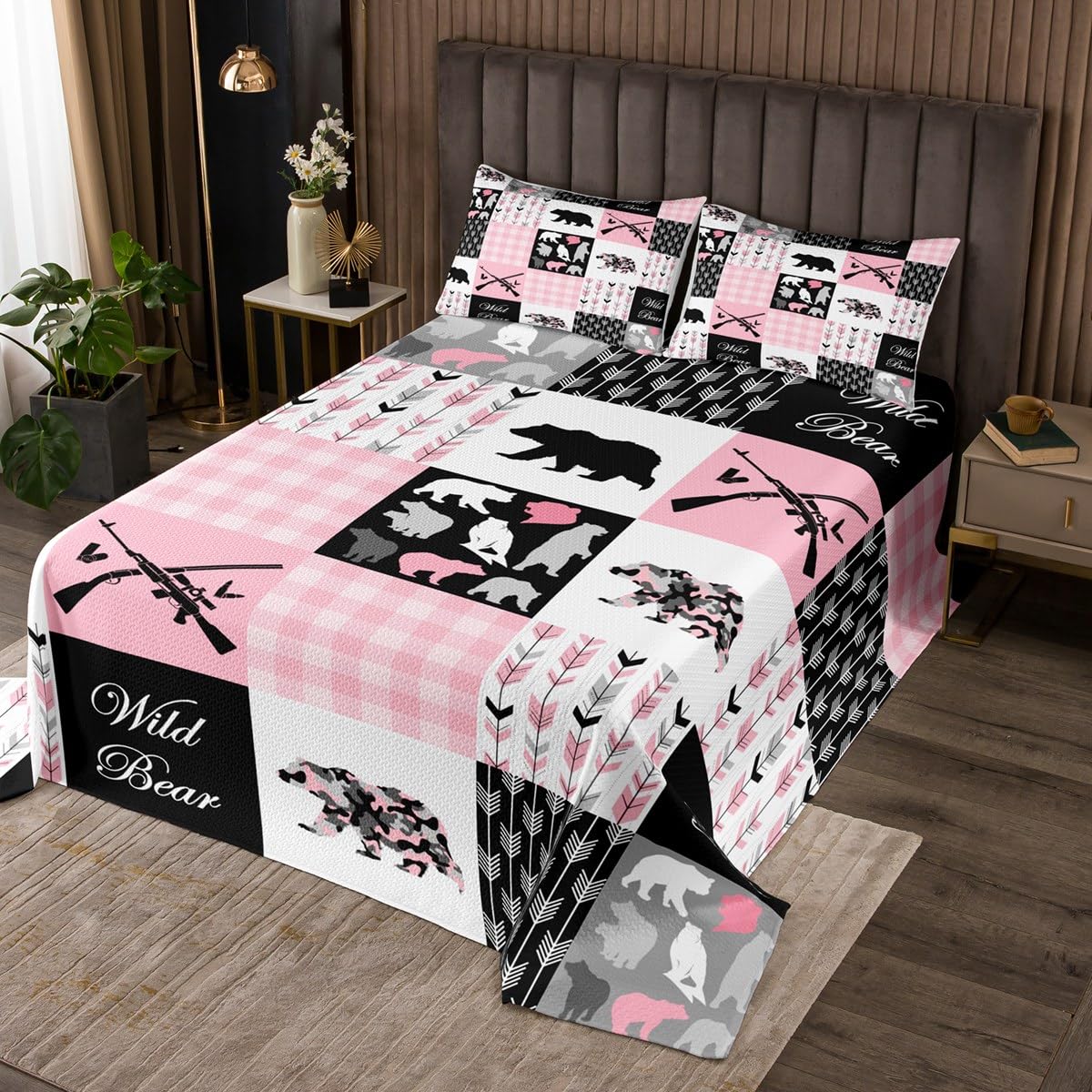 jejeloiu Bear Bedspread Twin Size Kids Black Pink Buffalo Check Quilted Coverlet for Boys Girls Teens Boho Arrow Camo Farmhouse Coverlet Set Breathable Wild Animal Quilted Room Decor Quilt Set