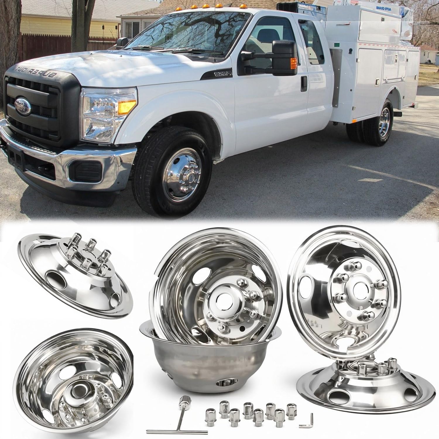 4pcs 17 Anti Rust Wheel Simulators Fit for 2005-2025 Ford F-350 F350, 8 Lug Waterproof Replacements Bolt On Polished Stainless Steel Dually Hubcaps Wheel Covers with Installation Tool Kit