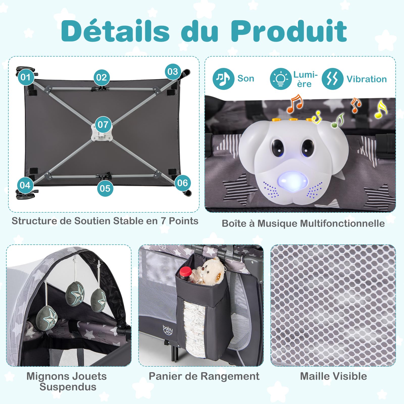 DREAMADE 4 en 1 Lit Parapluie Bébé 102x72x74CM avec Matelas&Moustiquaire Lit de Voyage Tout-Petites 0-3 Ans avec Porte-Couche,Roue Verrouillable,Table à Langer,Boîte à Musique,Charge 15KG (Étoilé)
