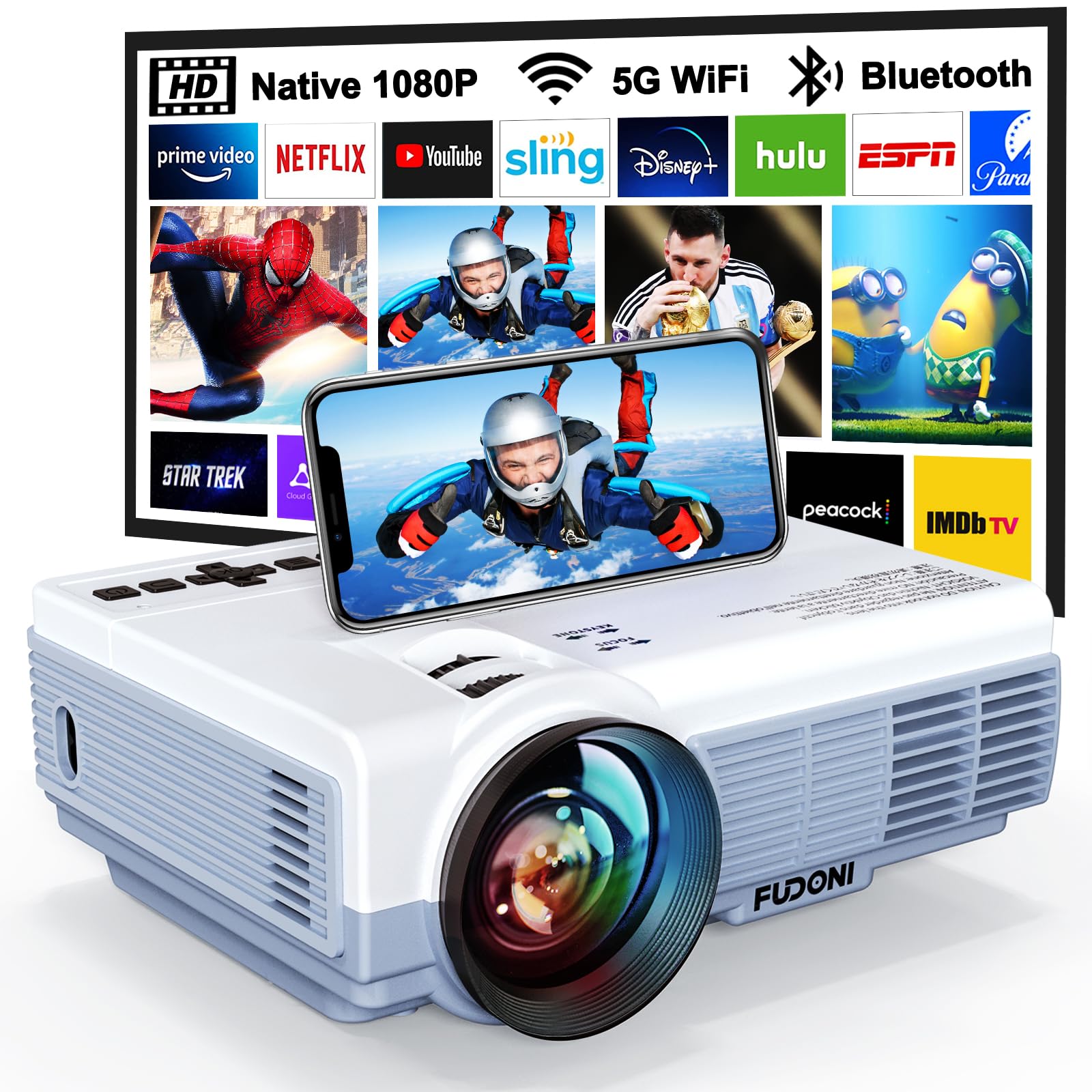 Projector with WiFi and Bluetooth, FUDONI Upgrade Projector Native 1080P 14000L 4K Supported, Portable Movie Outdoor Projector for Home Theater, Compatible w HDMI/USB/TV Stick/Laptop/iOS Android PhoneClimeCo Certified