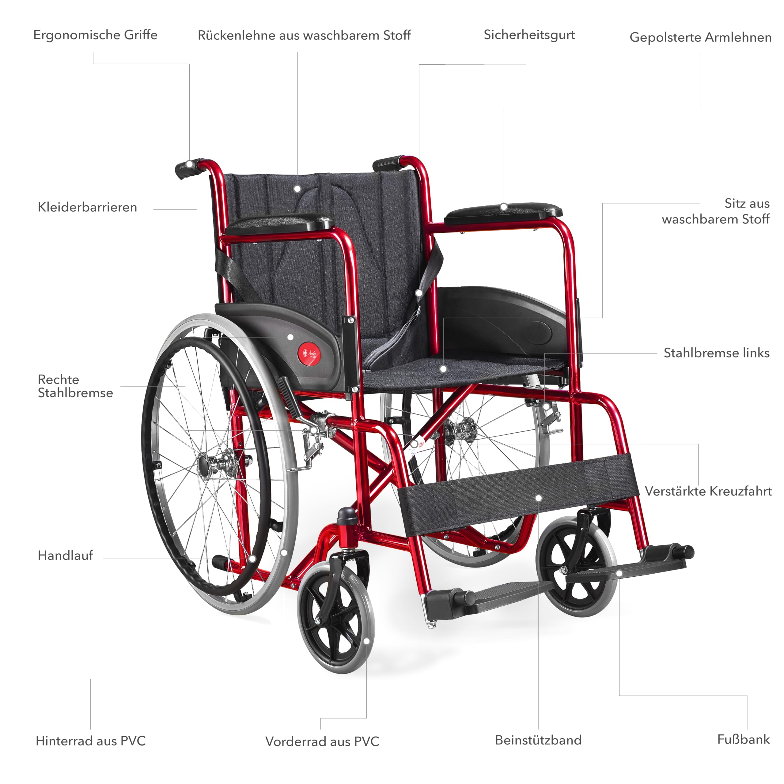 AIESI® Rollstuhl Faltbar leicht selbstfahrend für Behinderte und ältere Menschen AGILA BASIC, Feste Armlehnen und Fußstützen, Sicherheitsgürtel, Garantie 24 Monate